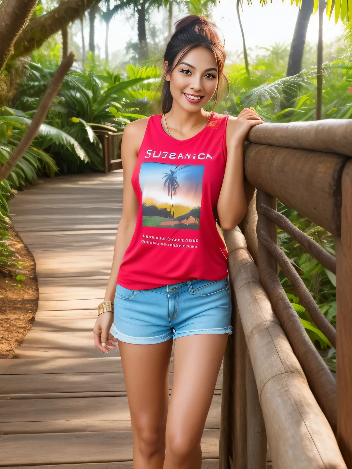 woman in red shirt and moss green shorts, standing on a wooden fence, vacation photo, very silly looking, wearing a t-shirt and shorts, dressed in a tank top and shorts, beautiful woman, wearing red shorts, in the jungle, photo pov, in the jungle!!!, taken at the zoo, uncropped, at Disney, 40 year old woman. A woman with tanned white skin and dark hair. She is about 35 years old. Her slightly plump lips are like a delicate flower, her dark brown eyes seem to contain a world of wonders. Slim body. Thin waist. Her body exudes glamor and her face is the definition of beauty. Test, highly realistic, reddish skin, beautiful, soft lips, pink lipstick, smiling, feeling of lightness and joy, hyperrealism, very elaborate skin, direct look. Woman in good physical shape, full body photo, clear photo, high quality, high resolution, masterpiece, 8K.