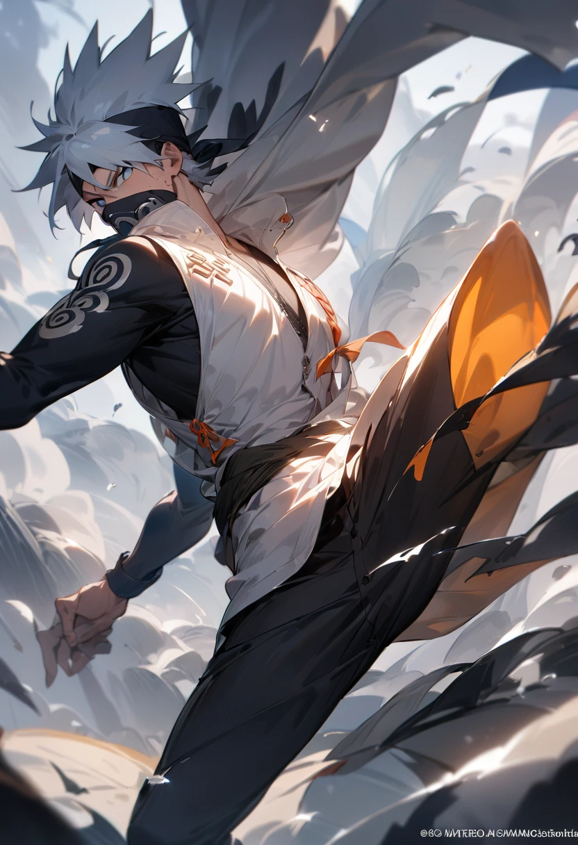 1boy, Hatake Kakashi, "NARUTO", Activate ninjutsu, Dynamic pose, (masterpiece, best quality, perfect composition, very aesthetic, ultra-detailed, intricate details:1.3)