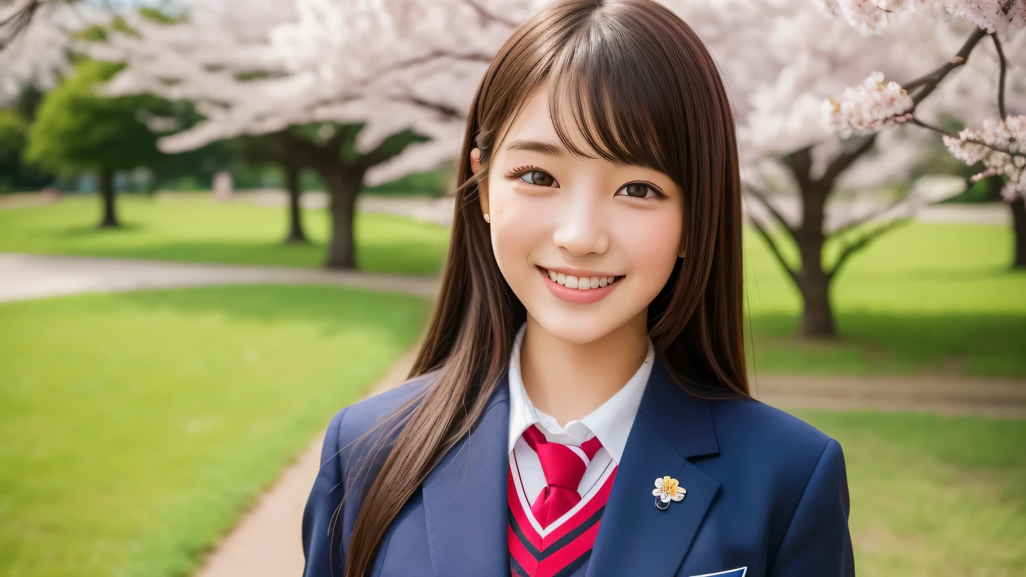 (1 girl), cute smile, brown eyes, (high school uniform:1.2), (highest quality: 1.4), (Super detailed), (highest quality:1.4), (Super detailed), evening, very high resolution, (Upper body), close up face, Cherry tree, (garden), Cherry tree in full bloom,