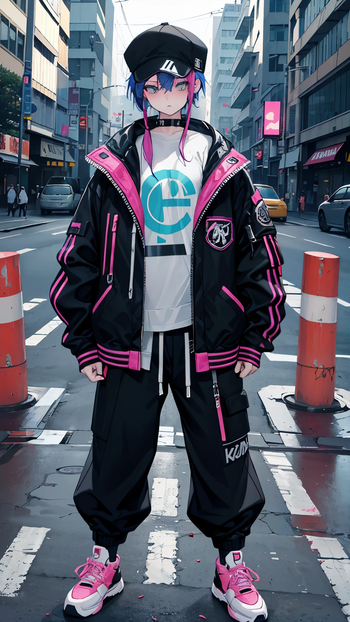 whole body fullbody erect standing straight front shot arms at sides jersey oversized jacket pants sneakers street punk street fashion cyberpunk neon punk