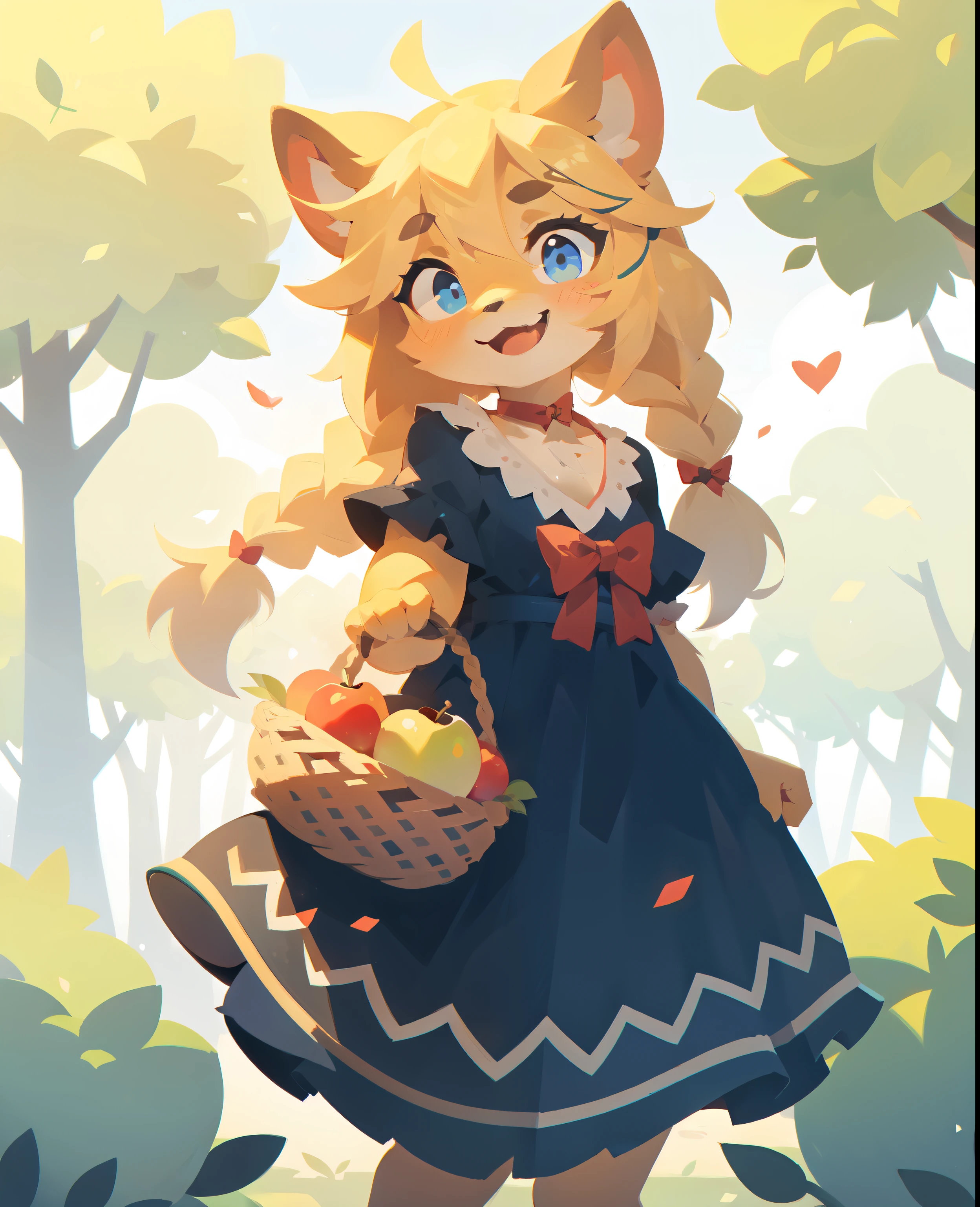 a girl, Alone, Hair with double braids, Hold the bow, and an apple, Holding a basket of apples and smiling at the audience, wearing blue dress, have blond hair, In an outdoor environment, Cowgirl themed. Artworks are masterpieces of the highest quality, Super detailed:1.3. The picture has been uploaded to e621, Featuring anthropomorphic animals and humans in furry environments:1.3