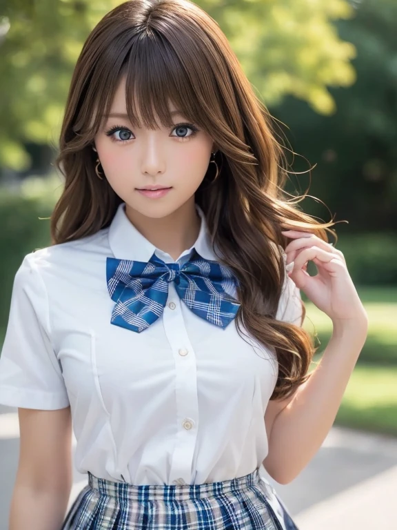 (Photoreal:1.4, 8K), highest quality, masterpiece, ultra high resolution, perfect dynamic composition, big face、round face、((light brown hair:1.4、long hair, curly hair))、Highly detailed skin and facial textures:1.3, Detail of limbs, 1 girl, Cute sexy 22 year old Japanese , (tanned skin:1.2), ((completely enchants you:0.9)), ((school uniform, white collared short sleeve shirt, blue plaid pleated skirt, blue plaid school bow tie)),Medium chest, (shiny thighs), (look away、beautiful eyes, black eye, Eyes that feel beautiful eros:0.85), sexy face:0.4, (closed mouth、small mouth、thick lips、A taste of beautiful eroticism:0.85), ((Too cute beauty:0.9))、gal makeup、((cowboy shot)), ((gyaru))