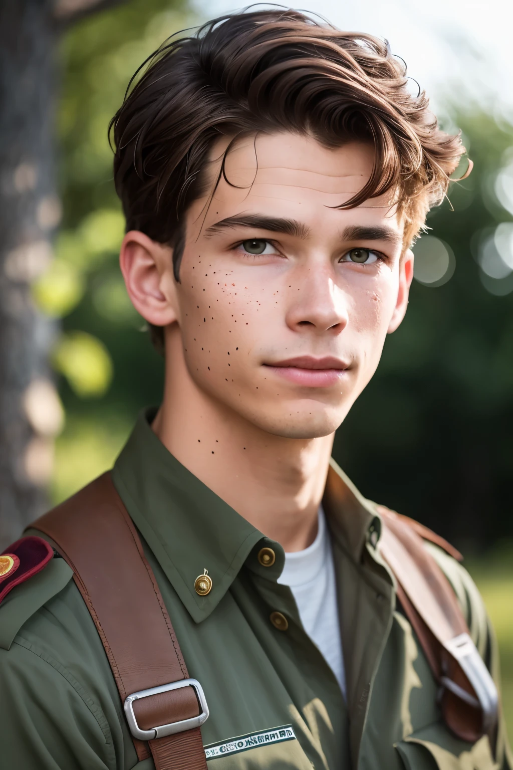 1.5, photorealistic, Desmond Doss was a tall, slender young man with eyes that reflected a mixture of determination and kindness. his wavy brown hair, disheveled across his forehead, gave him a humble and somewhat unassuming appearance. his face was adorned with freckles, scattered across his nose and cheeks, a testament to the countless hours he spent outdoors in his down-to-earth Virginia hometown.

In this raw, unfiltered 4K resolution image, captured in the RAW format of the Canon EOS R6, Desmond's features are rendered with ultra-high definition and stunning detail. His eyes,