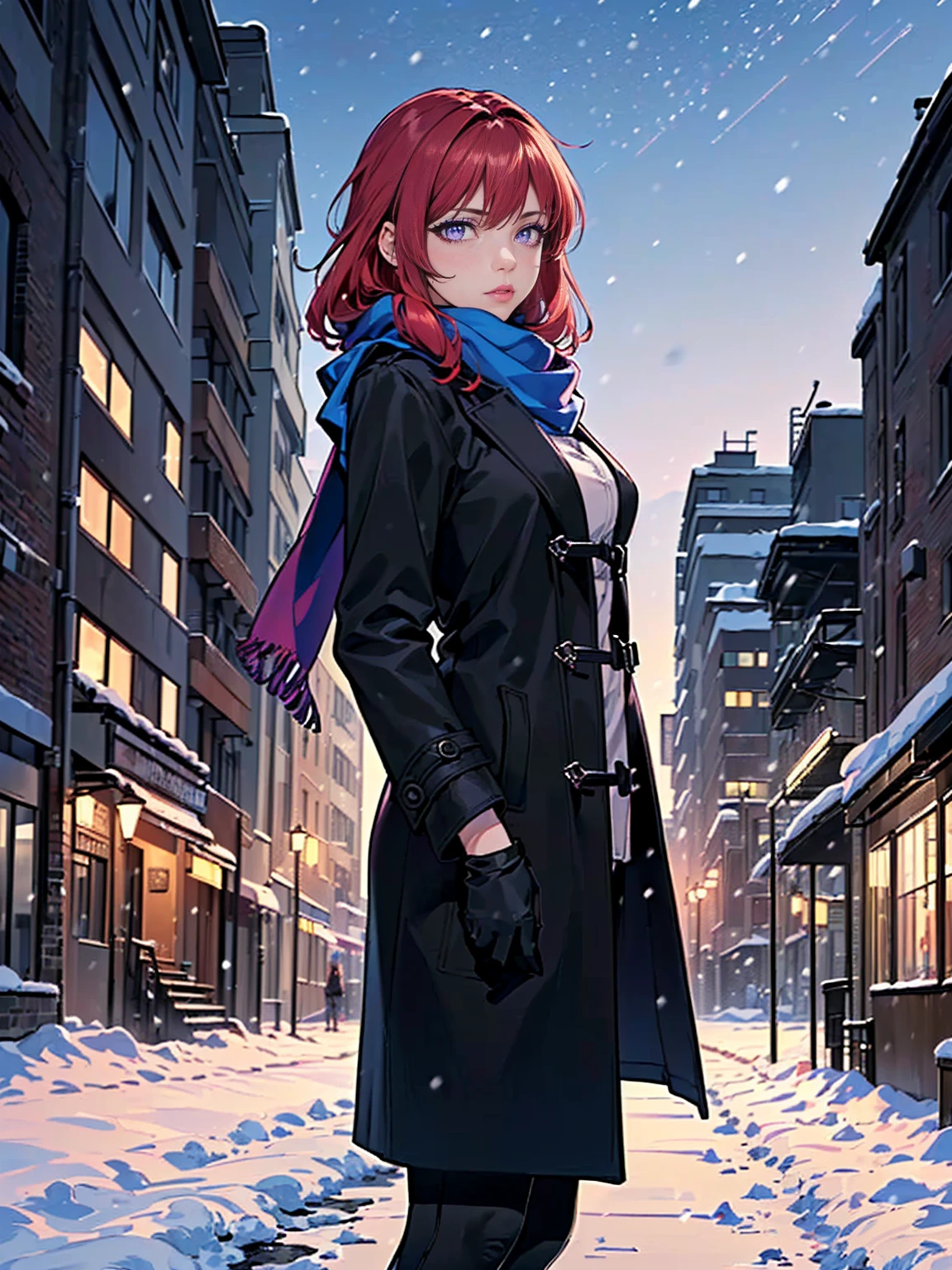 ((1girl, alone, solo, 1woman, TakashiroHiroko, dark purple eyes, red hair, TakashiroHiroko, Extremely detailed, ambient soft lighting, 4k, perfect eyes, a perfect face, perfect lighting, a 1girl)), ((solo, 1woman, Extremely detailed, ambient soft lighting, 4k, perfect eyes, a perfect face, perfect lighting, a 1girl)), (((masterpiece:1.2), (emphasis lines:1.3), blue scarf, (long black coat), black gloves, (outdoors), handheld transceiver, (city), night, cold clothes, winter clothes, blue scarf, snowing))
