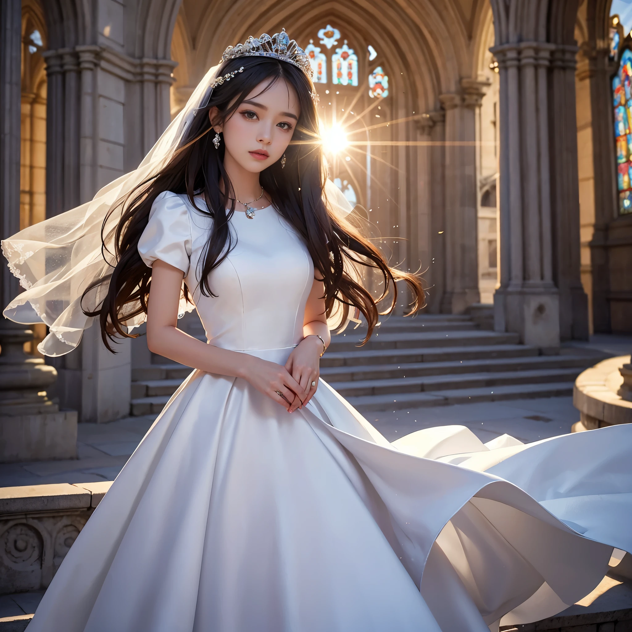 best quality, masterpiece, There&#39;s only one woman, yak, cute teen, shiny lips, sweet, sun glare, Conservative attire, wedding dress, bridal tiara, depth of field, blurred background, Cathedral Background, light particles, strong wind, head tilt, long hair, 
