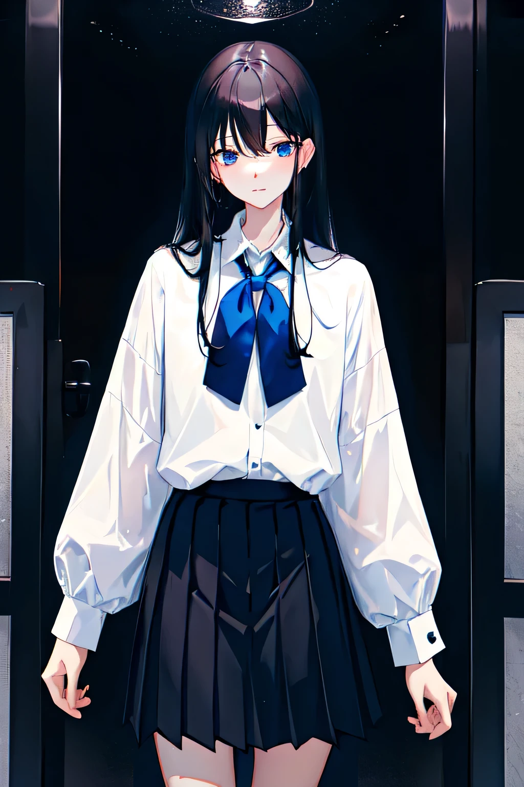 long black hair,straight hair,White shirt,blue tie,pleated skirt,tram,night,alone,HD。