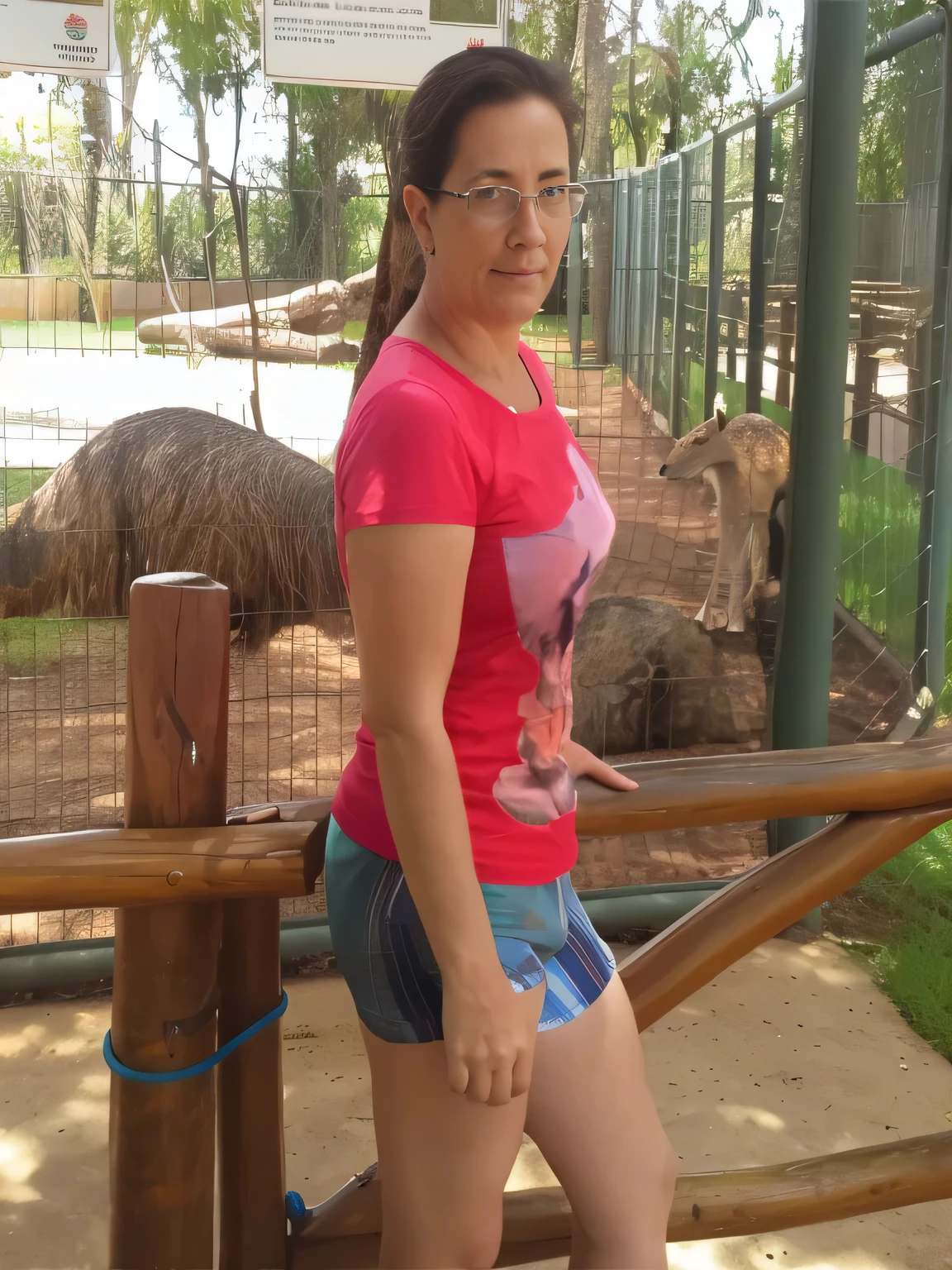 woman in pink shirt and blue shorts standing in front of a fence, real picture taken in zoo, picture taken in zoo, taken in zoo, she is about 40 years old, she is about 4 0 years old, 3 0 years woman, 3 5 year brazilian mother, full body length shot, vacation photo, she is about 3 0 years old