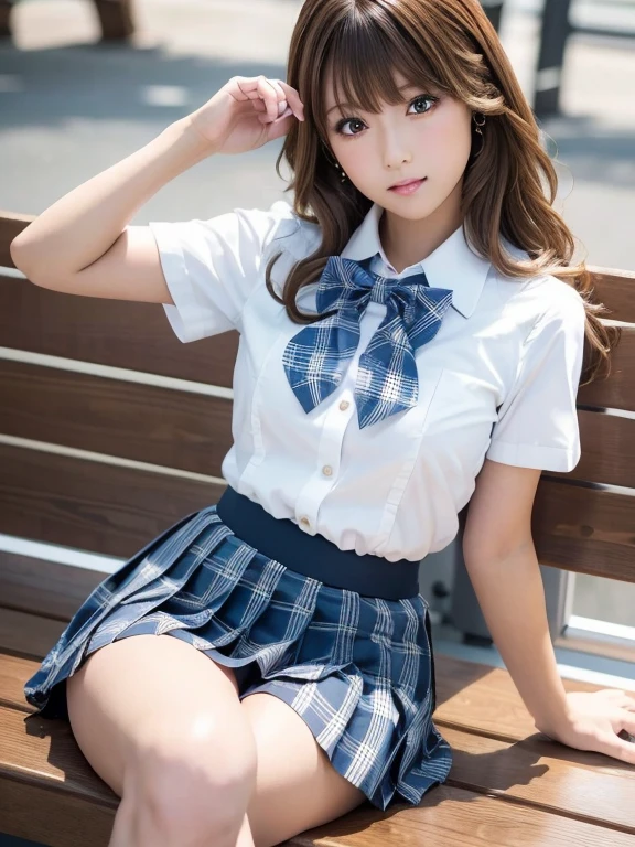 (Photoreal:1.4, 8K), highest quality, masterpiece, ultra high resolution, perfect dynamic composition, big face、round face、((light brown hair:1.4、long hair, curly hair))、Highly detailed skin and facial textures:1.3, Detail of limbs, 1 girl, Cute sexy 22 year old Japanese , (tanned skin:1.2), ((completely enchants you:0.9)), ((school uniform, white collared short sleeve shirt, blue plaid pleated skirt, blue plaid school bow tie)),Medium chest, (shiny thighs), (look away、beautiful eyes, black eye, Eyes that feel beautiful eros:0.85), sexy face:0.4, (closed mouth、small mouth、thick lips、A taste of beautiful eroticism:0.85), ((Too cute beauty:0.9))、gal makeup、((cowboy shot)), ((gyaru)), sitting on the bench