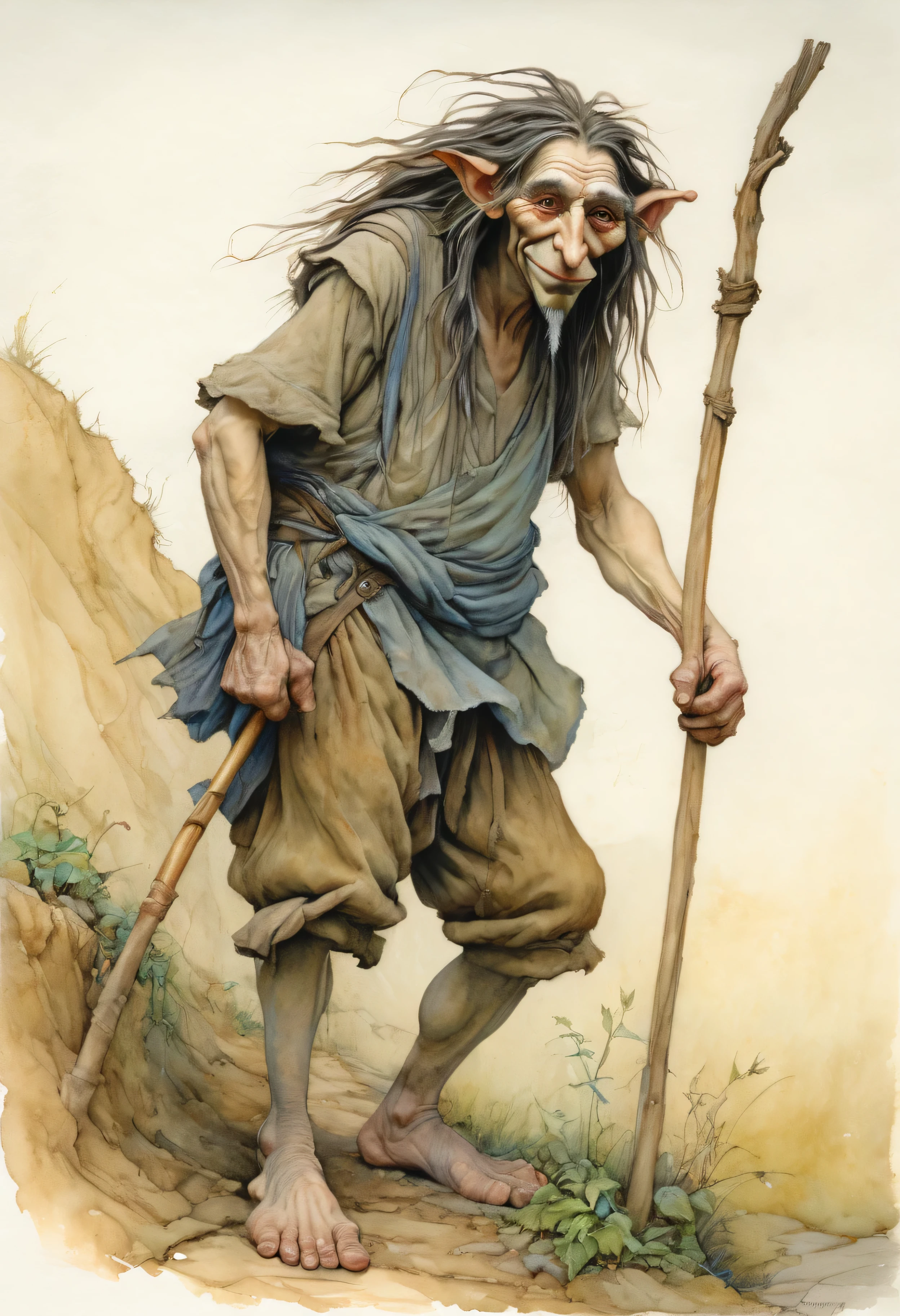 drawing of a hunchbacked man with a stick and a big nose, long dirty hair down to his waist, barefoot, climbing out of a roadside ditch, wearing tattered, dirty clothes, brian froud style, brian froud, juan gimenez, inspiration by brian froud, grandma weathervane, inspiration by brian and wendy froud, brian and wendy froud, brian froud, troll, works by mark davis, vvic, toni dieterlizzi and brian froud