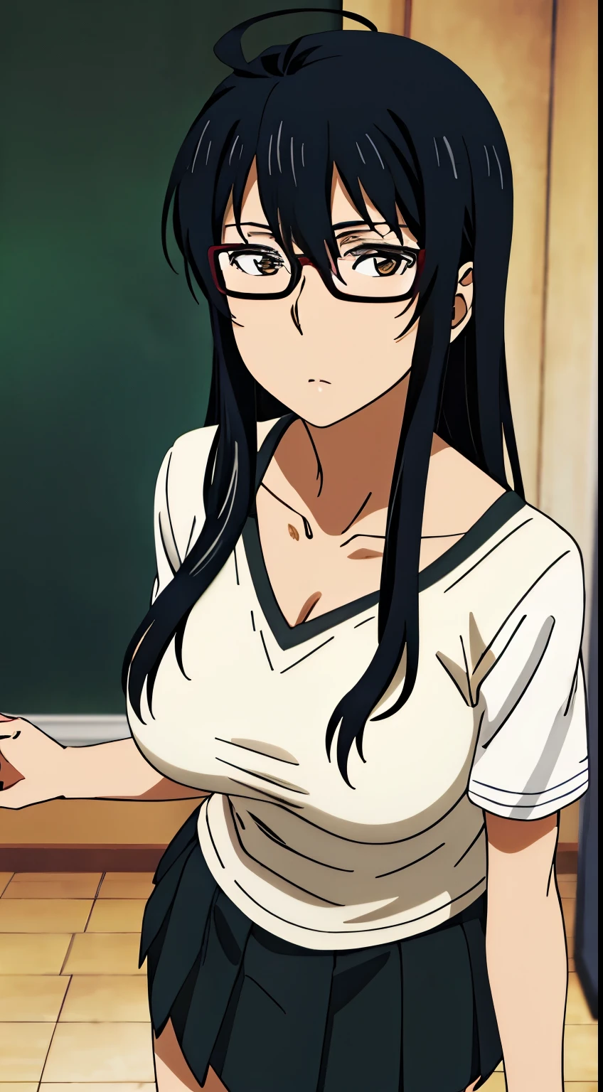 and,1 girl, 一with people, portrait, (big breasts), No expression, long hair, Ahoge, ((female teacher,Y-shirt,Tight Skirt,Glasses,clavicle,nail polish)),stylish pose, perfect quality, good quality, masterpiece, HDR, UHD,looking at the viewer, in the center of the image,Show up to your knees,１with people,