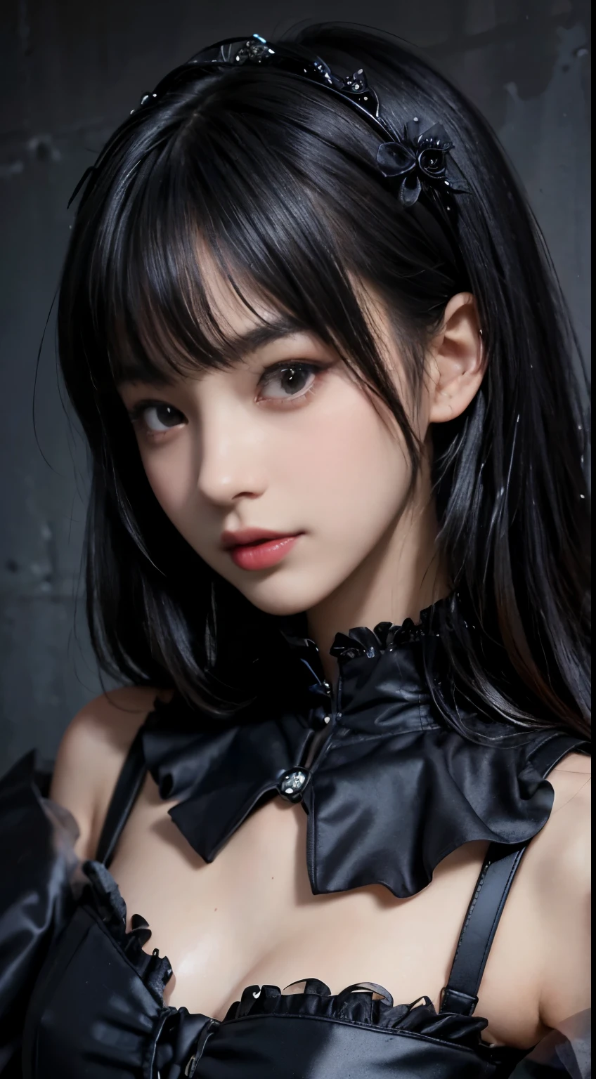 top-quality masterpiece 8K ultra-detailed face One woman wearing Gothic Lolita Full body photo kawaii pose Sexy Pictures Focus on the face Close-range photography profetional lighting Vibrant photo Happy expression Sullen expression Ecstatic look Sex appeal Shiny wet crow hair Gloss Bruises and cuteness Unreality absurderes Heavy bangs Lots of skin tones Cute
