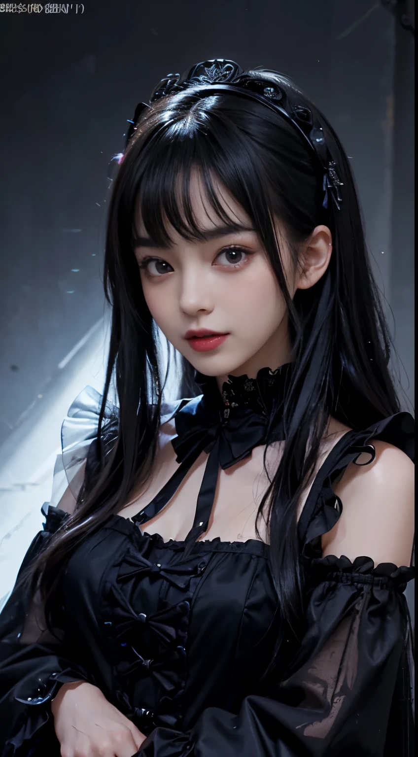 top-quality masterpiece 8K ultra-detailed face One woman wearing Gothic Lolita Full body photo kawaii pose Sexy Pictures Focus on the face Close-range photography profetional lighting Vibrant photo Happy expression Sullen expression Ecstatic look Sex appeal Shiny wet crow hair Gloss Bruises and cuteness Unreality absurderes Heavy bangs Lots of skin tones Cute