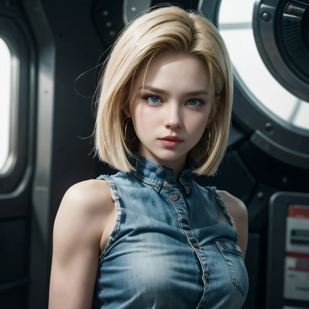 Physical Characteristics:
Hair: Android 18 has shoulder-length, straight blonde hair that frames her face, giving her a sharp and edgy look.
Eyes: Her eyes are a striking blue, often exuding a cool and calculating demeanor.
Build: She has a lean, athletic build that showcases her strength and combat training.
Outfit:
Top: She typically wears a fitted, sleeveless white shirt, which allows for freedom of movement during fights.
Bottom: This is paired with a denim skirt and a black belt, adding a casual yet ready-for-action vibe.
Accessories: Android 18 is known for her red ribbon on her left arm, a nod to her origins, and she often wears gold hoop earrings.
Realistic Touches:
Texture: The materials of her clothing would have a realistic texture, with the denim being rugged and the shirt being soft to the touch.
Complexion: Her skin would be fair, with the subtle imperfections and variations that come with being human.
Expression: Her expressions would be nuanced, capable of showing a range from stern focus to rare smiles that hint at her softer side.
To ensure the image is as realistic as possible, consider the following prompts:
Envision Android 18 with natural human proportions, paying close attention to the way light reflects off her hair and the textures of her clothing.
Imagine how her outfit would crease and fold as she moves, adding a dynamic element to her presence.
Consider the environment she might be in, whether it’s the stark interior of a spaceship or the bustling streets of a city, and how that would influence her appearance and stance.
I hope this description helps you visualize Android 18 as a realistic character while maintaining her iconic style from the series.