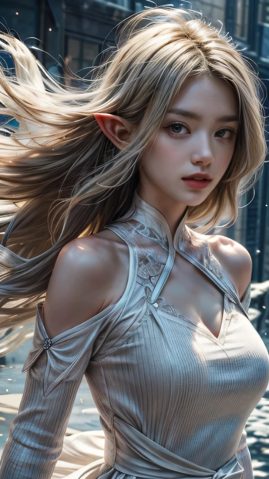 silver hair、(masterpiece, Highest品質, Highest, official art, beautiful and aesthetic, exposed for a long time: 1.2), smooth movement, attractive pattern, 1 girl, (long dress with sleeves: 1.3), (((white clothes) )), Upper body close-up, bare shoulders, chinese girl, blush, black lob hair, portrait, alone, Upper body, observe the observer, detailed background, detailed face, (crystal AI, crystal theme:1.1), wind elf, Rotating wind, control the wind, White crystal clothes, dynamic pose, suspended particles, ether dynamics, whirlwind, vapor, whirlwind in the background, white tone, whirlwind, great atmosphere,blonde,goblin, yellow hair, plump face