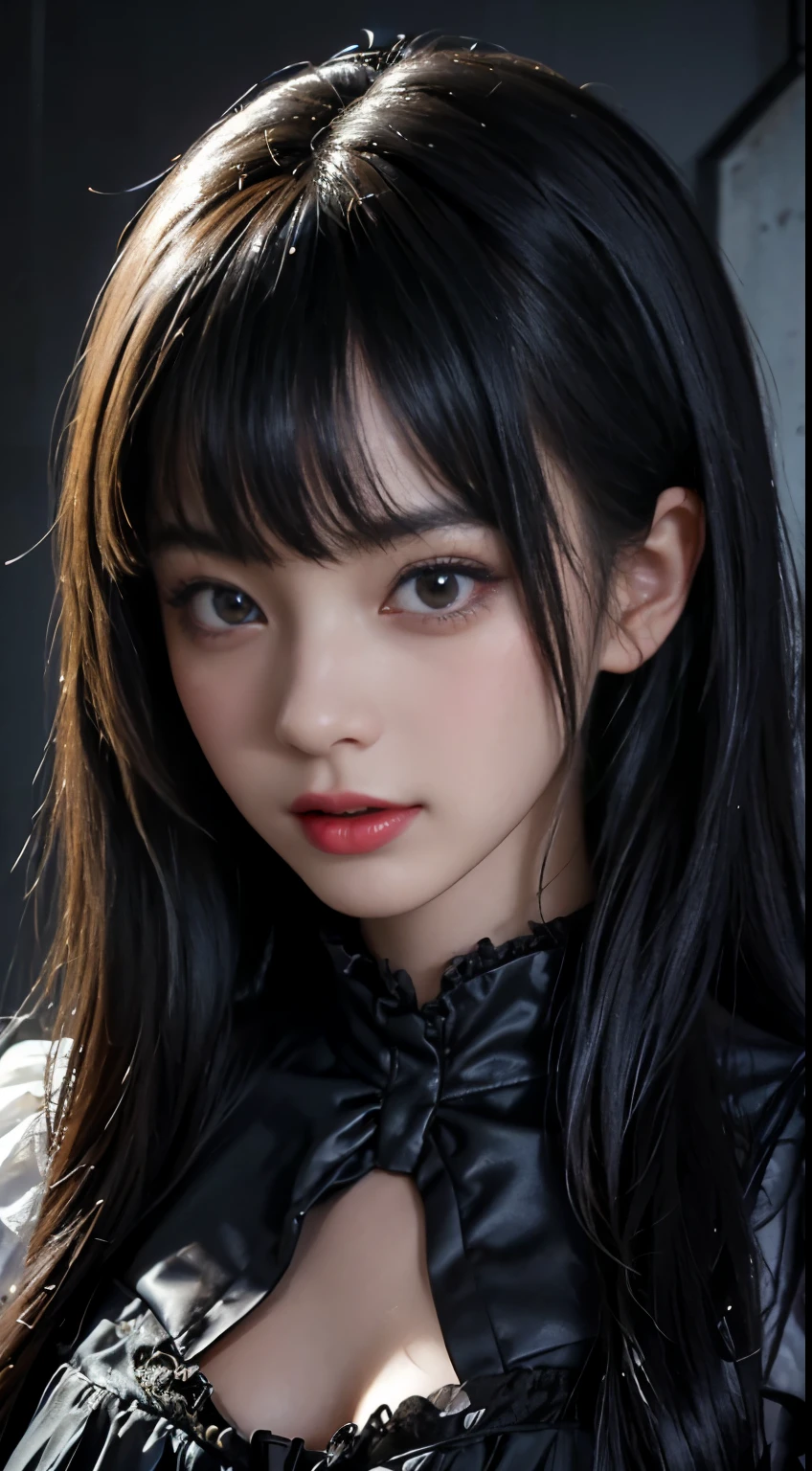 top-quality　​masterpiece　8K  ultra-detailed face　One woman wearing Gothic Lolita　Full body photo　kawaii pose　Sexy Pictures　Focus on the face　Close-range photography　profetional lighting　Vibrant photo　Happy expression　Sullen expression　Ecstatic look Sex appeal　Shiny wet crow hair　Gloss　Bruises and cuteness　Unreality　absurderes　Heavy bangs　Lots of skin tones   Cute