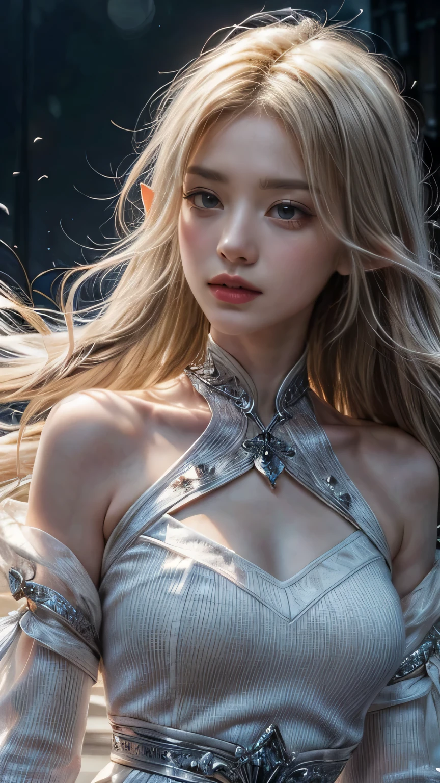 silver hair、(masterpiece, Highest品質, Highest, official art, beautiful and aesthetic, exposed for a long time: 1.2), smooth movement, attractive pattern, 1 girl, (long dress with sleeves: 1.3), (((white clothes) )), Upper body close-up, bare shoulders, chinese girl, blush, black lob hair, portrait, alone, Upper body, observe the observer, detailed background, detailed face, (crystal AI, crystal theme:1.1), wind elf, Rotating wind, control the wind, White crystal clothes, dynamic pose, suspended particles, ether dynamics, whirlwind, vapor, whirlwind in the background, white tone, whirlwind, great atmosphere,blonde,goblin, yellow hair, plump face