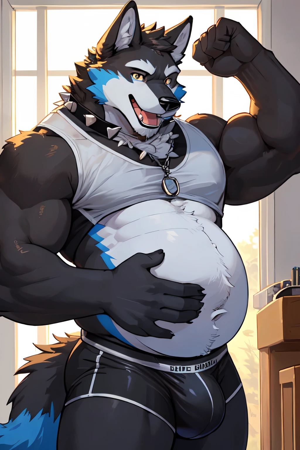 ((by NOMMZ)) male, anthro black wolf ((black character with blue and white fur details)), with one hand rubbing belly ((one hand rubbing belly)), focus on belly ((focus on belly)), wearing spiked collar (wearing black undershirt), showing off belly, athletic body (((dynamic pose))), cool ((cool pose)), sexy posing (dynamic), open mouth, round big belly (((abs on round belly))), bloated belly (with some muscle), overweight, bulge, black thong underwear, bedroom enviroment