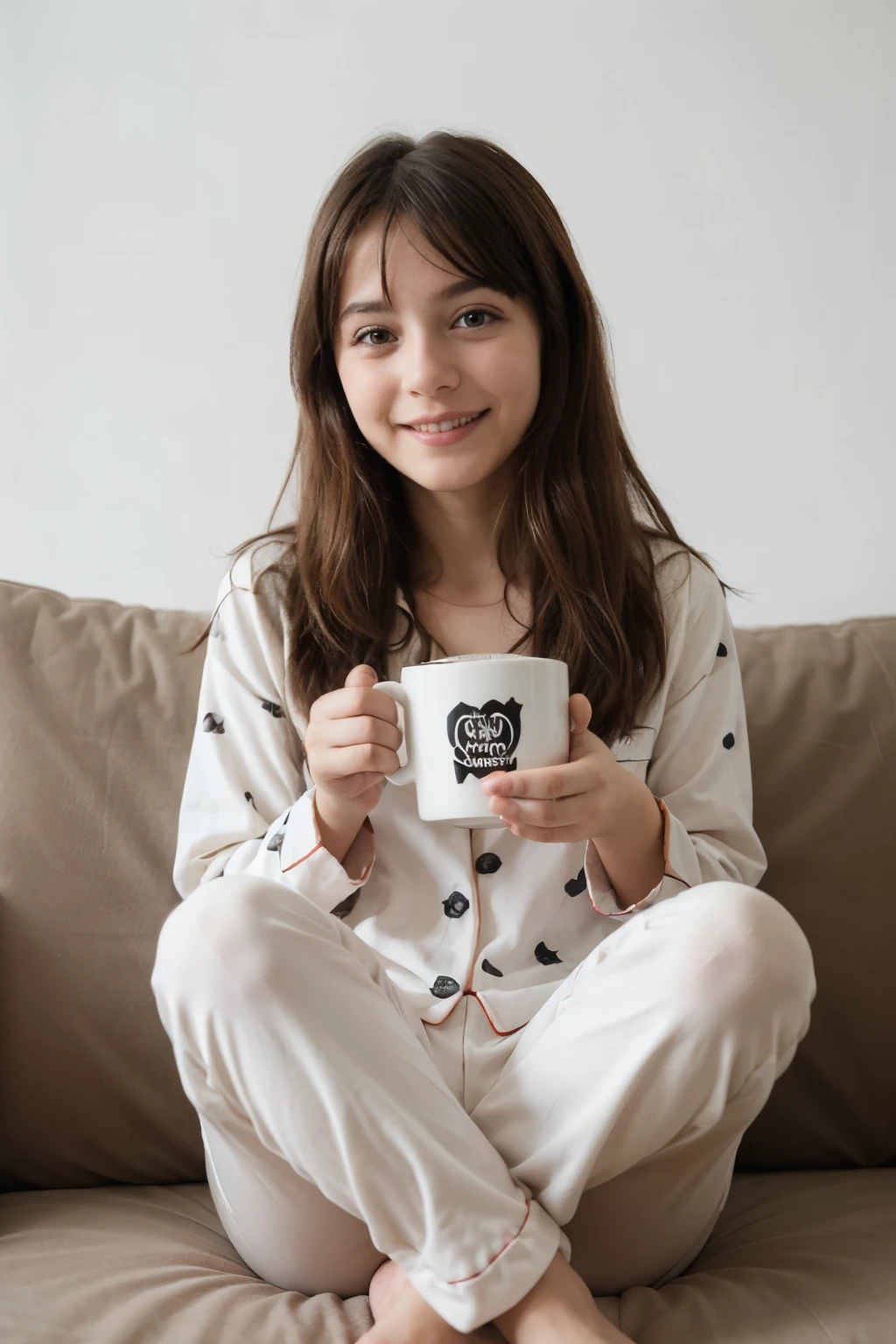 Lively happy 6  girl sitting on a sofa, with pajamas with a white background and printed in black circles, tomando chocolate en un mug