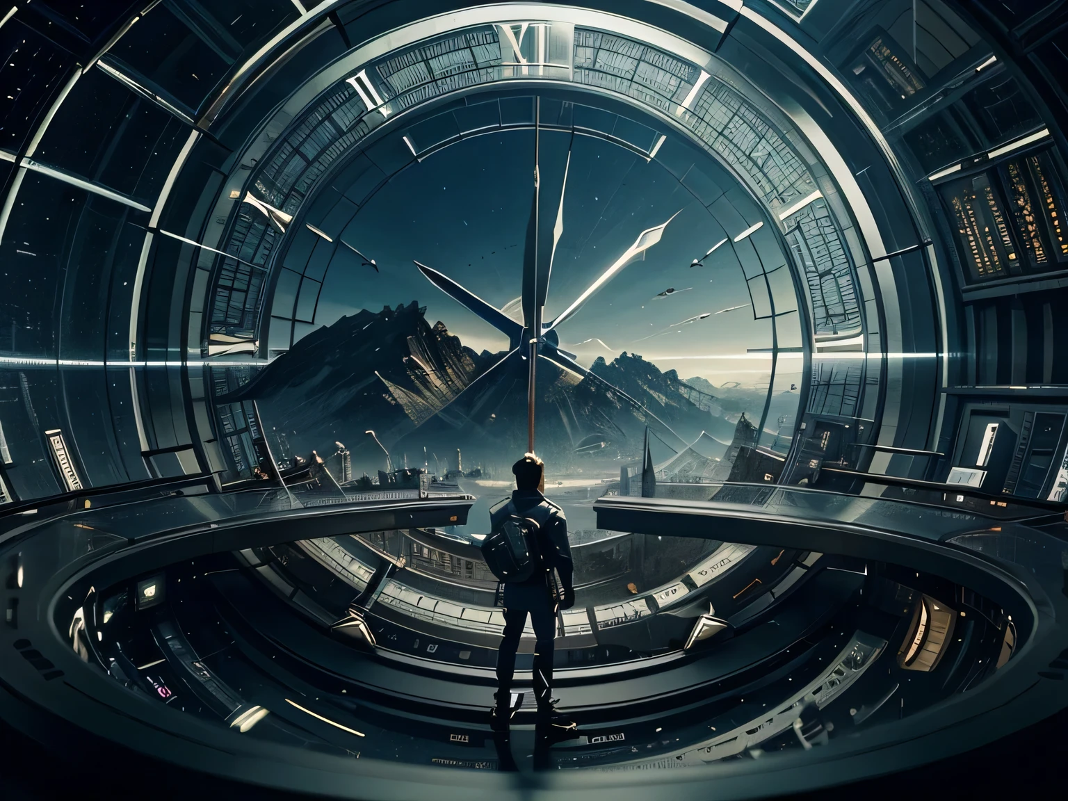 a futuristic landscape that has lots of clocks and watches in the background and its beautiful...4:3 ratio landscspe.make it a little bit animated....lots and lots of clocks
