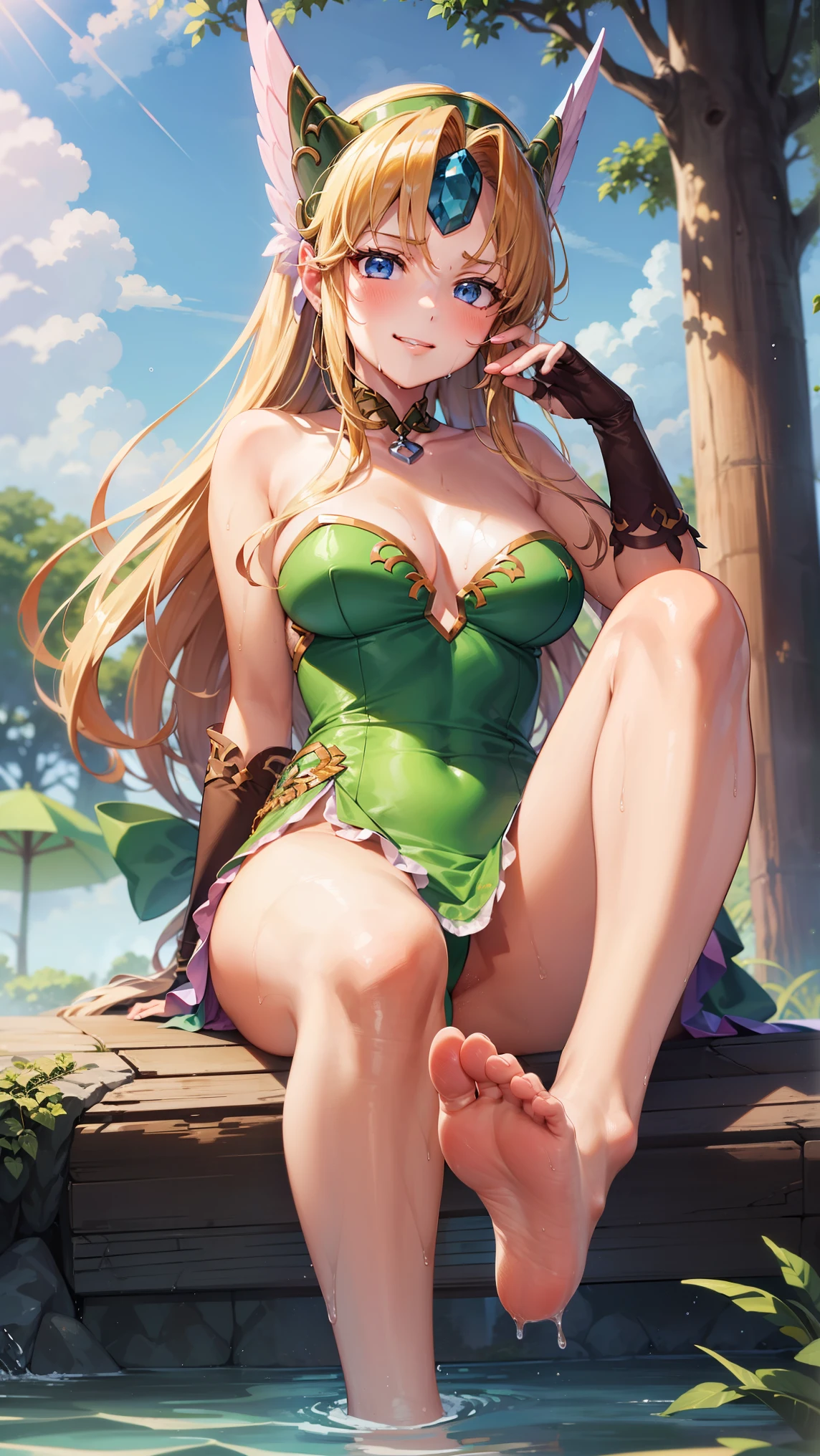 1girl,riesz,green shoulder armour, sweating,blush,smirk,cleavage,wet body, flipped hair,armpit,greasy armpit,smooth armpit,in forest,sitting on tree trunk,crossed legs,from below,green armour,feet,five toes,soles of feet
