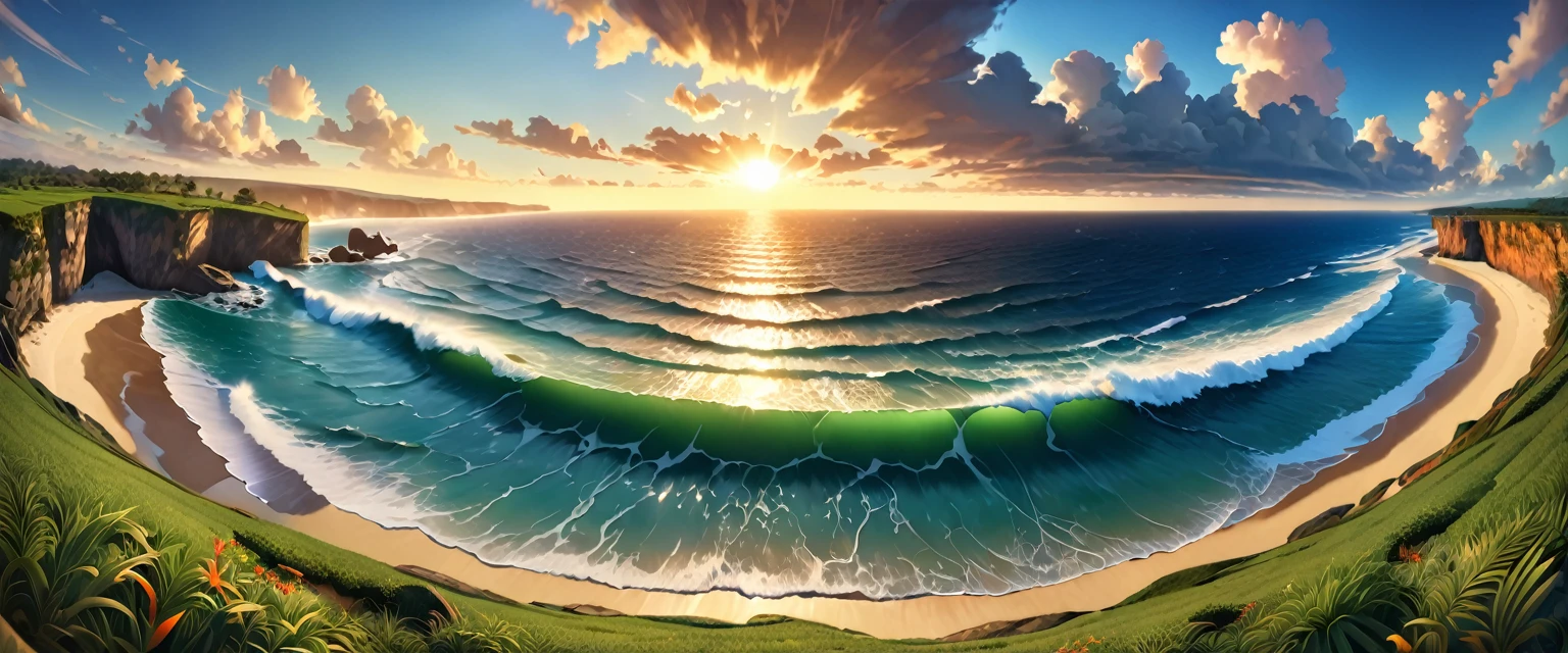 Ultra Wide Angle, wide angle exterior background, (best quality,ultra-detailed,realistic:1.37),HDR,UHD,studio lighting,vivid colors,ultra wide angle,wide angle exterior background,highres,photorealistic,physically-based rendering,horizon with vibrant colors,ocean waves crashing against the shore,dramatic cloud-filled sky,sun casting long shadows on the landscape,impressive vastness and depth,detailed foliage and vegetation,crisp details in architectural elements,sharp focus,fisheye-like perspective,panoramic view of the surroundings,wide open space with a sense of  and expansiveness,unobstructed view of the outdoor scenery,immersive experience of the natural environment,rich color saturation and contrast,brilliant hues and tonal range in the sky and landscape,play of light and shadows creating depth and dimension,realistic portrayal of textures and materials,thoroughly captures the beauty and grandeur of the scene,perfectly balanced exposure and dynamic range,ultra-fine painting-like quality,showcasing the best of nature's wonders,creating a masterpiece in every frame,photo-realistic representation of the wide angle perspective.