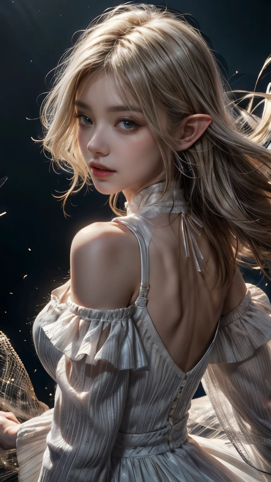 silver hair、(masterpiece, Highest品質, Highest, official art, beautiful and aesthetic, exposed for a long time: 1.2), smooth movement, attractive pattern, 1 girl, (long dress with sleeves: 1.3), (((white clothes) )), Upper body close-up, bare shoulders, chinese girl, blush, black lob hair, portrait, alone, Upper body, observe the observer, detailed background, detailed face, (crystal AI, crystal theme:1.1), Wind Elf, Rotating wind, control the wind, White crystal clothes, dynamic pose, suspended particles, ether dynamics, whirlwind, vapor, whirlwind in the background, white tone, whirlwind, great atmosphere,blonde,elf, yellow hair, plump face
