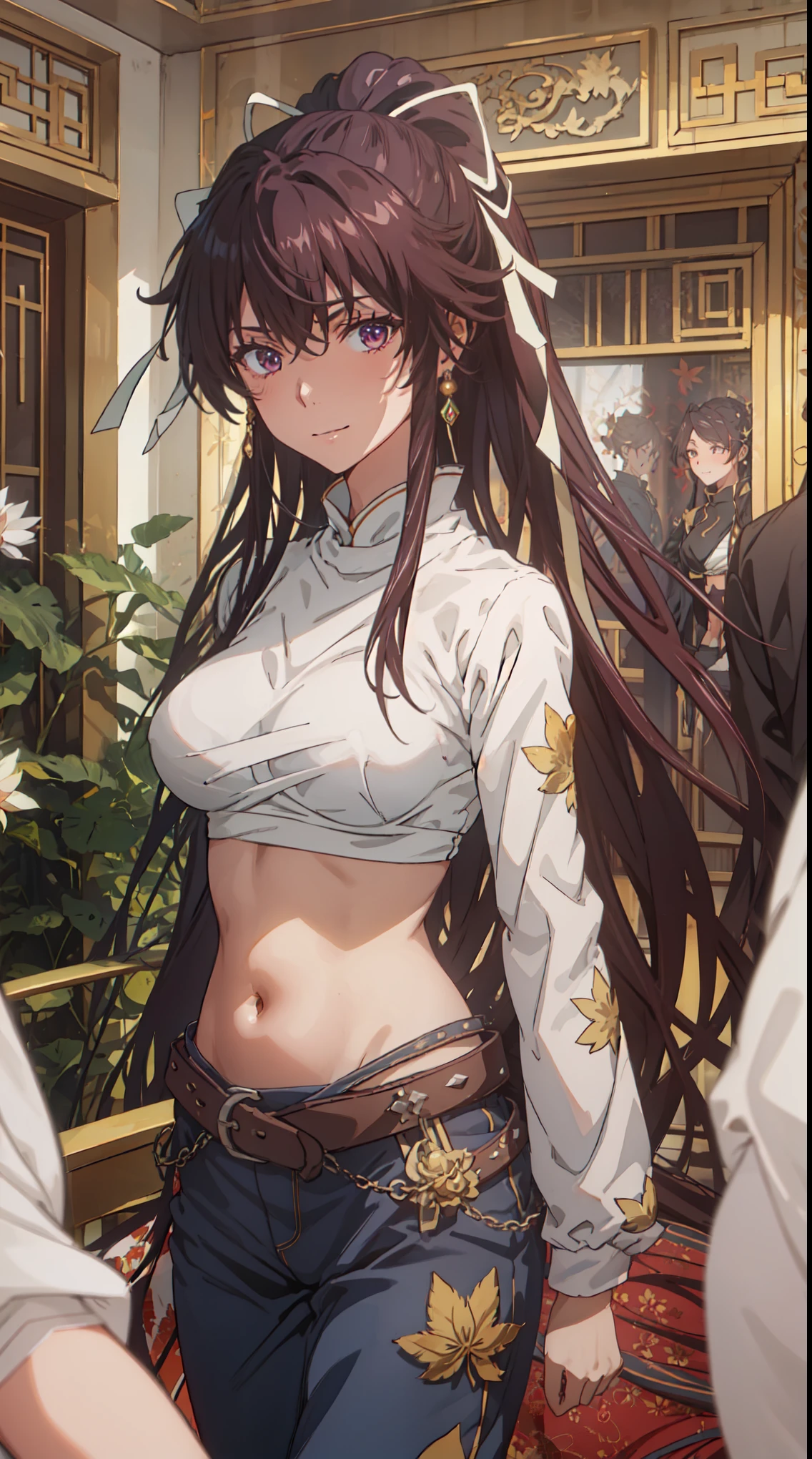 best quality, master piece, ultra high resolution, (actual: 1.4), Xiuxian, smile, Shy, belly button, delicate makeup, flashy jewelry, horse face dress, Detailed aspect,, 1 girl, white clothes, lotus print, maple leaf print, alone, arms, (magic array: 1.2), Xiuxian, 上Half body, beautiful girl, Half body, east asian architecture, sheath, build,