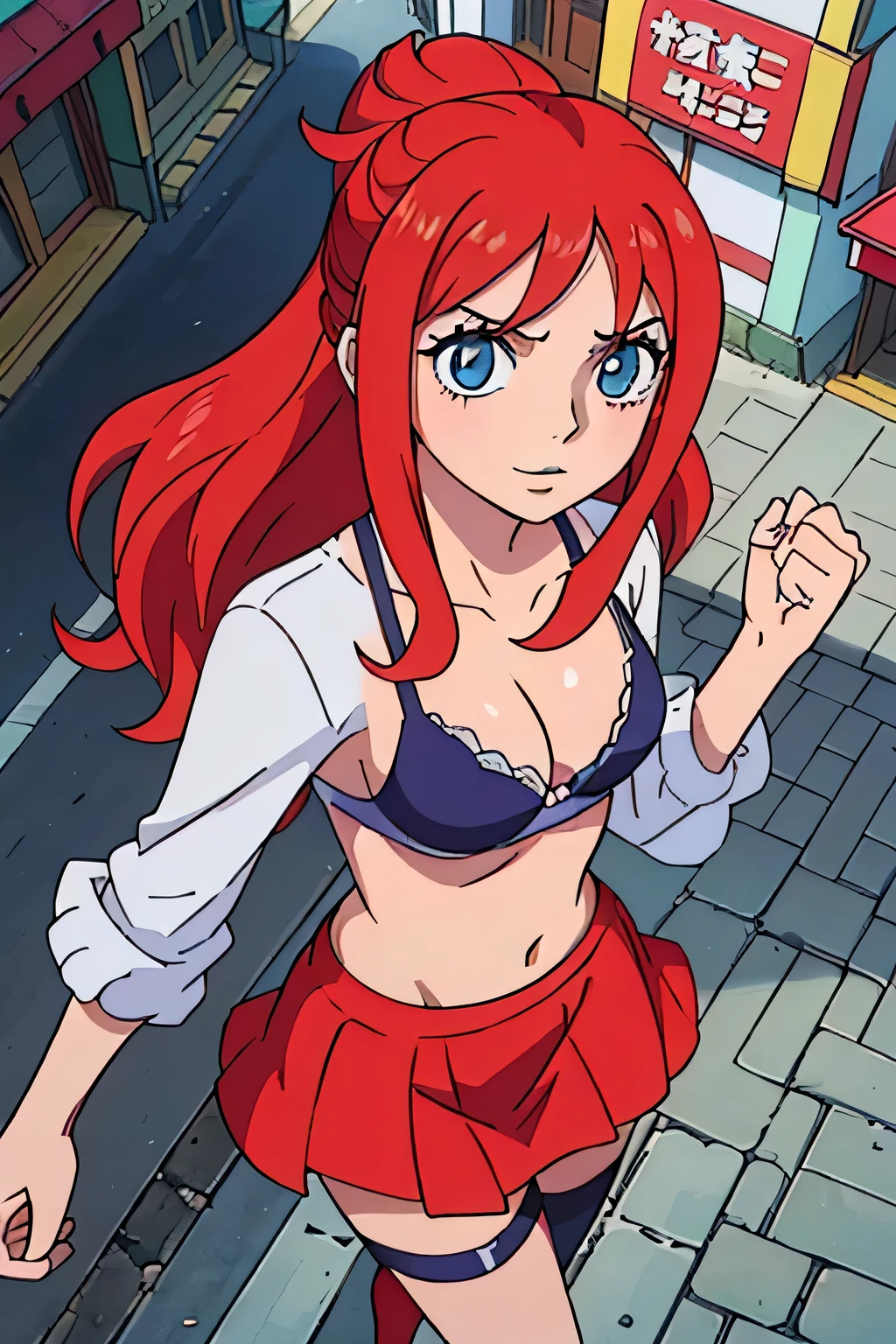 (best quality:0.8) perfect anime illustration,  rias gremory from high school dxd, a pretty, happy woman with long curly crimson hair and cyan eyes on the street in the city, wearing a bra, skirt, stockings, ring on hand,