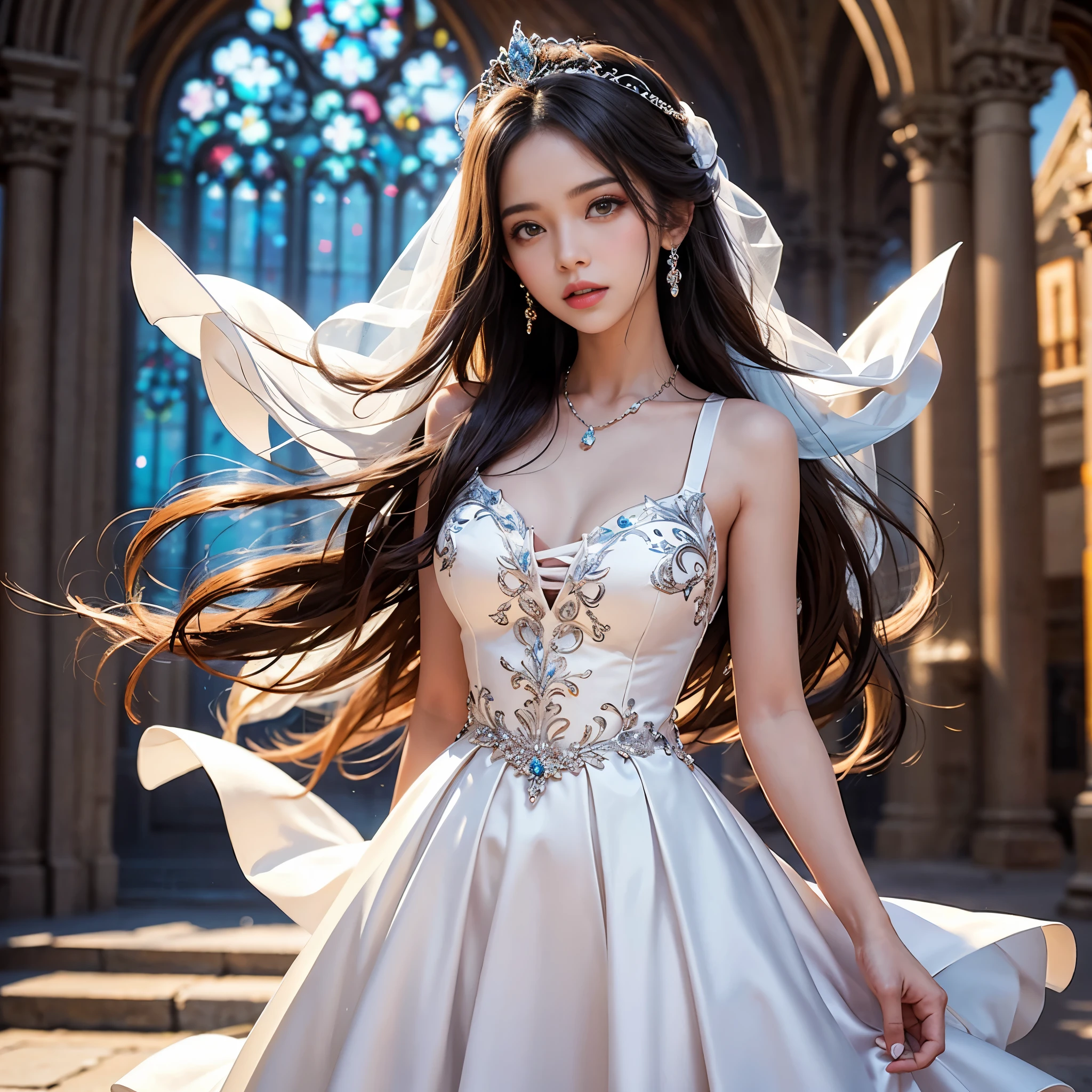 best quality, masterpiece, There's only one woman, yak, cute teen, shiny lips, sweet, sun glare, Conservative attire, Beaded bell-line wedding dress, bridal tiara, depth of field, blurred background, Cathedral Background, light particles, strong wind, head tilt, long hair,