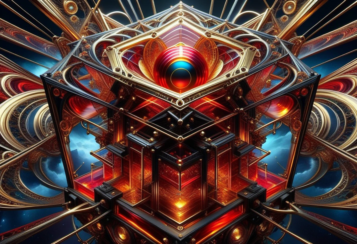 Glass Sculptural Fractality resting against facing tempestuous ocean turning into night hyper space, embodying "Love conquers all" through vivid red and bold black hues interwoven with gold and platinum wire work, funneling into an outer space vanishing point, fusion of Norman Lindsay's complexity, Philippe Vignal's finesse, balanced as Jacob Lawrence, dynamic as Francis Picabia, rendered in Unreal Engine, acrylic texture adding depth, grunge aesthetic infusing character, ultra HD, vivid colors, high detail, UHD pen and ink, perfect composition, intricate, High Quality, Masterpiece. best quality, , super detail