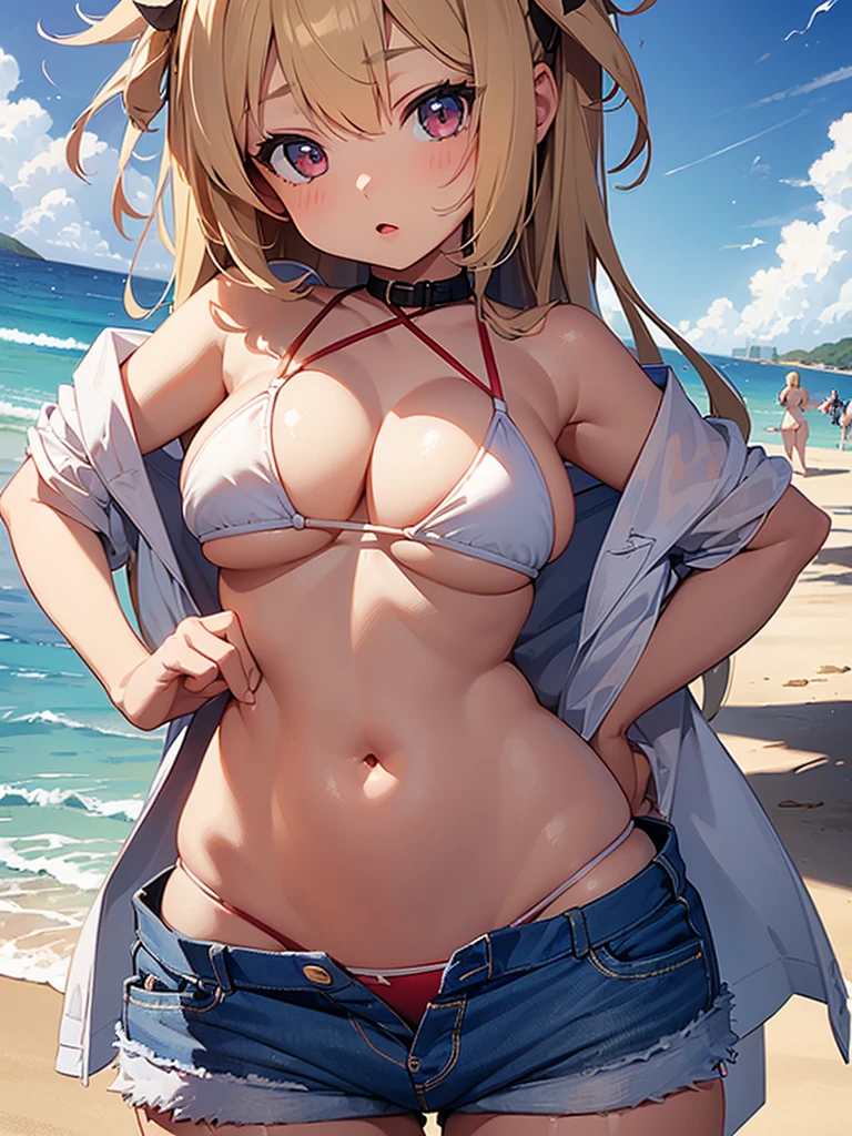 master piece,detailed,(((best quality))), ((())),((cute)), (petite),(((1girl))),blond hair,(((big breasts))),outdoor,((bikini)),(denim short pants),beach,full moon,