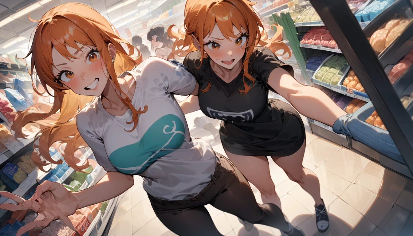 girls, Nami, Nico· Robin, Miss·Allsunday, "ONE PIECE", shoping together, supermarket, (ultra-wide angle), Dynamic pose, (masterpiece, best quality, perfect composition, very aesthetic, ultra-detailed, intricate details:1.3)