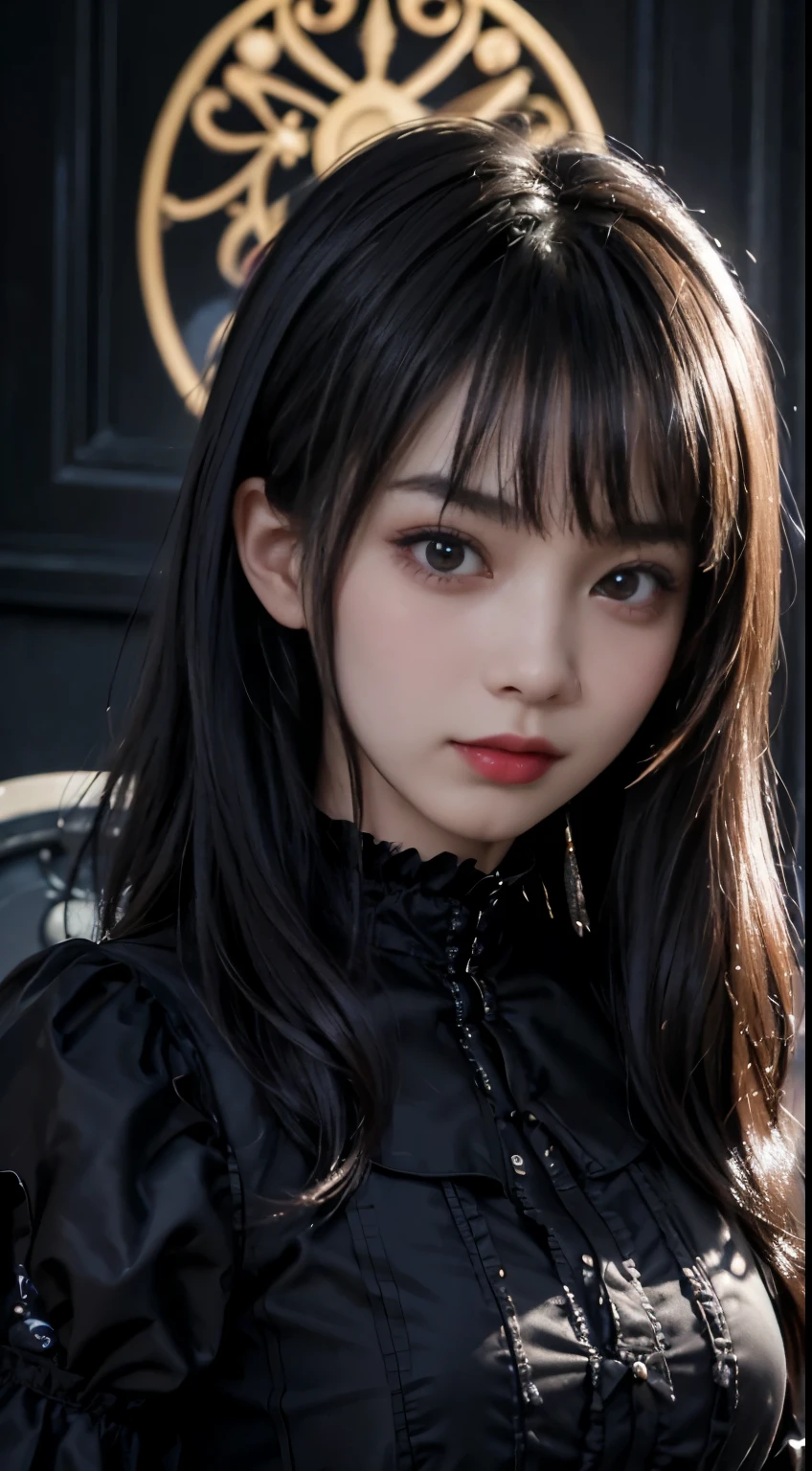 top-quality masterpiece 8K ultra-detailed face One woman wearing Gothic Lolita Full body photo kawaii pose Sexy Pictures Focus on the face Close-range photography profetional lighting Vibrant photo Happy expression Sullen expression Ecstatic look Sex appeal Shiny wet crow hair Gloss Bruises and cuteness Unreality absurderes Heavy bangs Lots of skin tones Cute