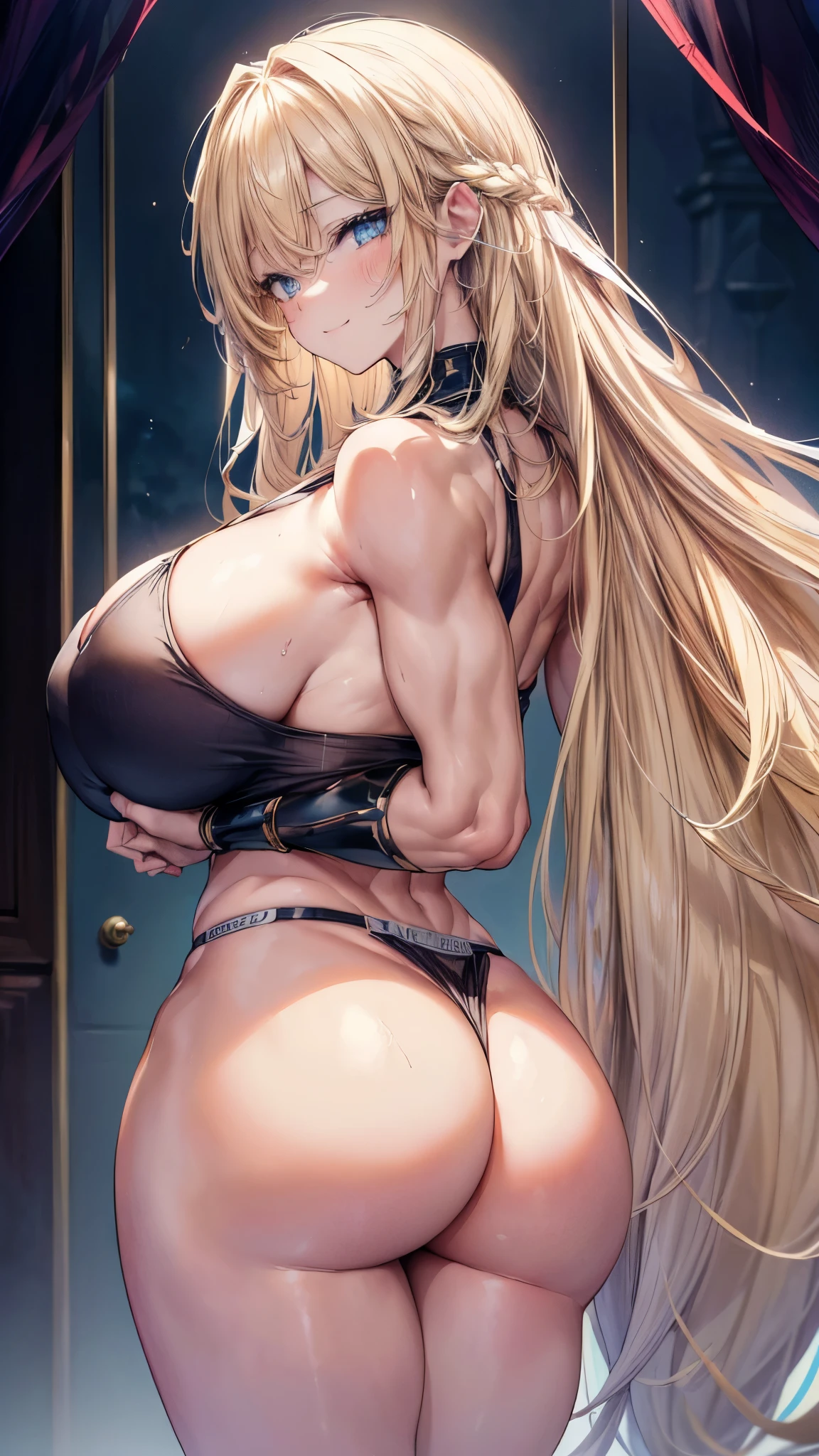 sensual, ((long blonde curly hair)), thick thighs, 8K, 4k, highest quality, High resolution:1.2), cute anime face, noise reduction, ((shining blue eyes, gentle smile, kind eyes))、toned abdominal muscles, muscular arms, muscular legs,  young face, anime eyes, (((big breasts、A chest that is about to burst)))、(((bondage style)))、(((Rear view、I&#39;ll turn around、emphasize the buttocks、T-back that digs into your butt)))、(((white string)))、(((Place your knees on the floor)))