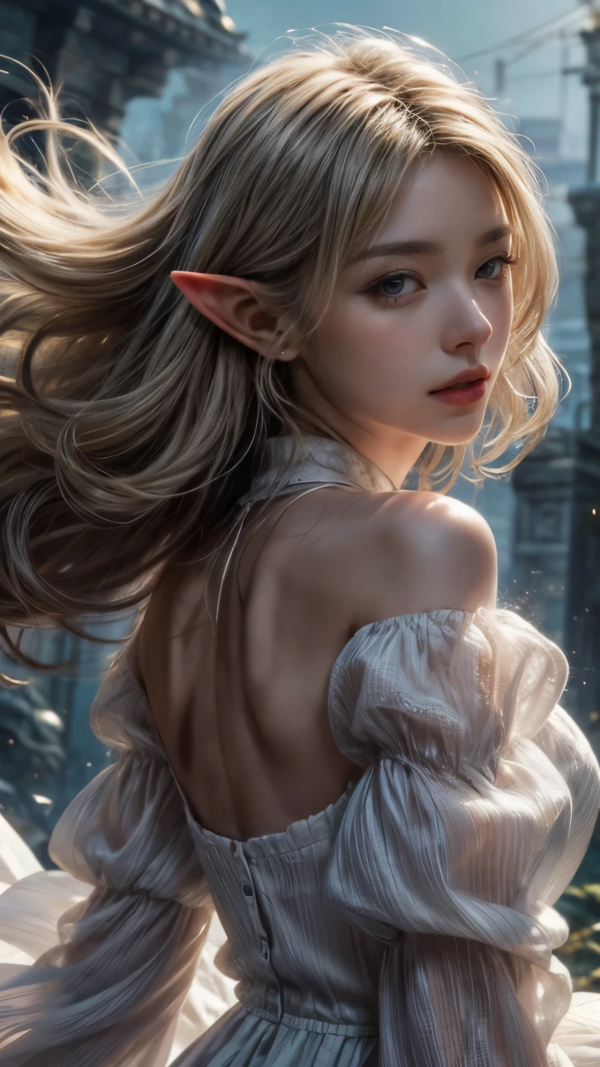 silver hair、(masterpiece, Highest品質, Highest, official art, beautiful and aesthetic, exposed for a long time: 1.2), smooth movement, attractive pattern, 1 girl, (long dress with sleeves: 1.3), (((white clothes) )), Upper body close-up, bare shoulders, chinese girl, blush, black lob hair, portrait, alone, Upper body, observe the observer, detailed background, detailed face, (crystal AI, crystal theme:1.1), Wind Elf, Rotating wind, control the wind, White crystal clothes, dynamic pose, suspended particles, ether dynamics, whirlwind, vapor, whirlwind in the background, white tone, whirlwind, great atmosphere,blonde,elf, yellow hair, plump face,random pose