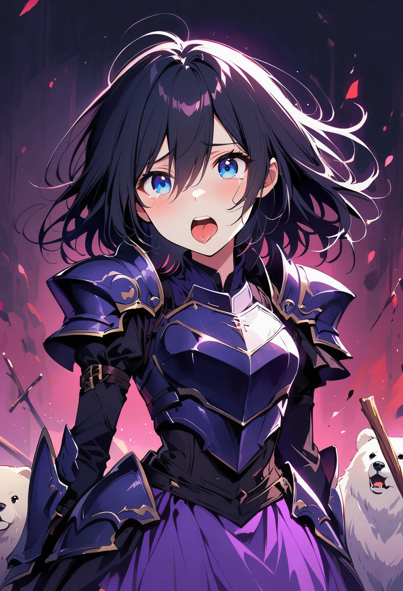 1 lady, black hair color hair, blue eyes, Pale complexion, Full body female love, hair between eyes, purple tears, purple dress,heavy armor,light it,pained expression,stick out her tongue,Bear,cry,get up,The armor is rich in detail