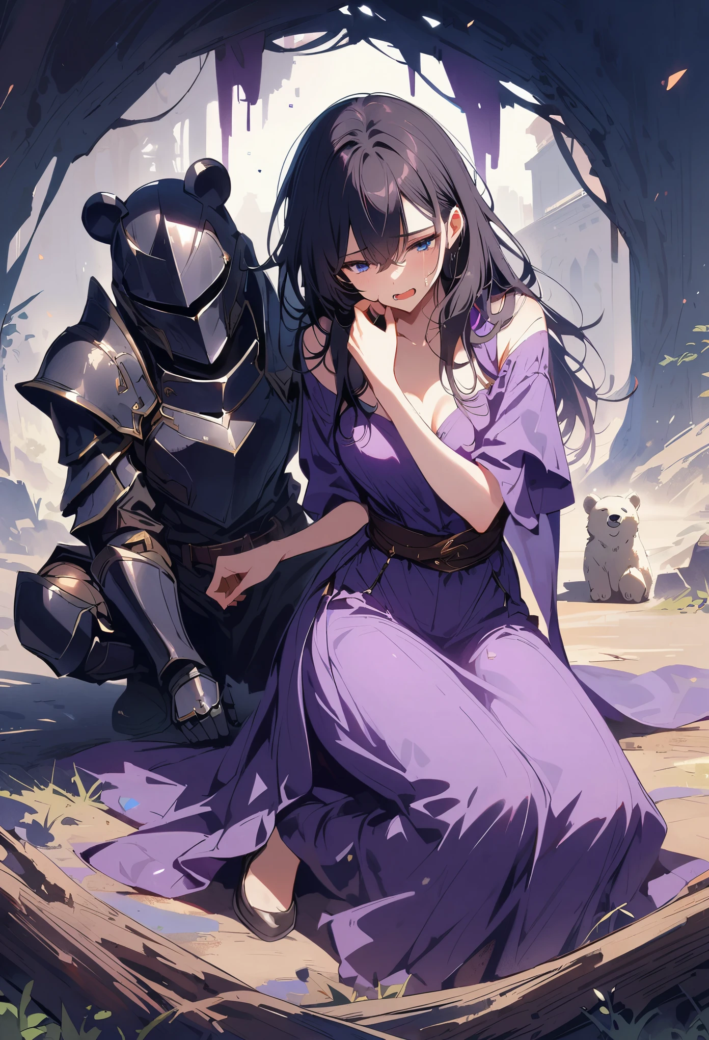 1 lady, black hair color hair, blue eyes, Pale complexion, Full body female love, hair between eyes, purple tears, purple dress,heavy armor,light it,pained expression,stick out her tongue,Bear,cry,get up,The armor is rich in detail