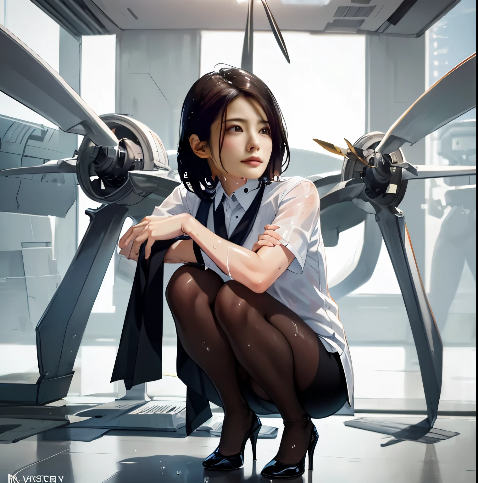 1 cabin attendant, solo, , white high heels, white transparent skinny shirt, white mini skirt, master piece, best quality, Realistic, super detailed, (shiny skin, sweaty:1.4), absurd, looking at the viewer, with short black hair, with brown eyes,thin,dynamic light and shadow,High resolution,sharp focus,Depth of the bounds written,eyes are delicate,sharp pupils,Realisticな生徒,(round chest),(long legs:1.4),plane,squatting pose,black pantyhose,cleanliness,KK,black stockings,cropped shoulder,toes,