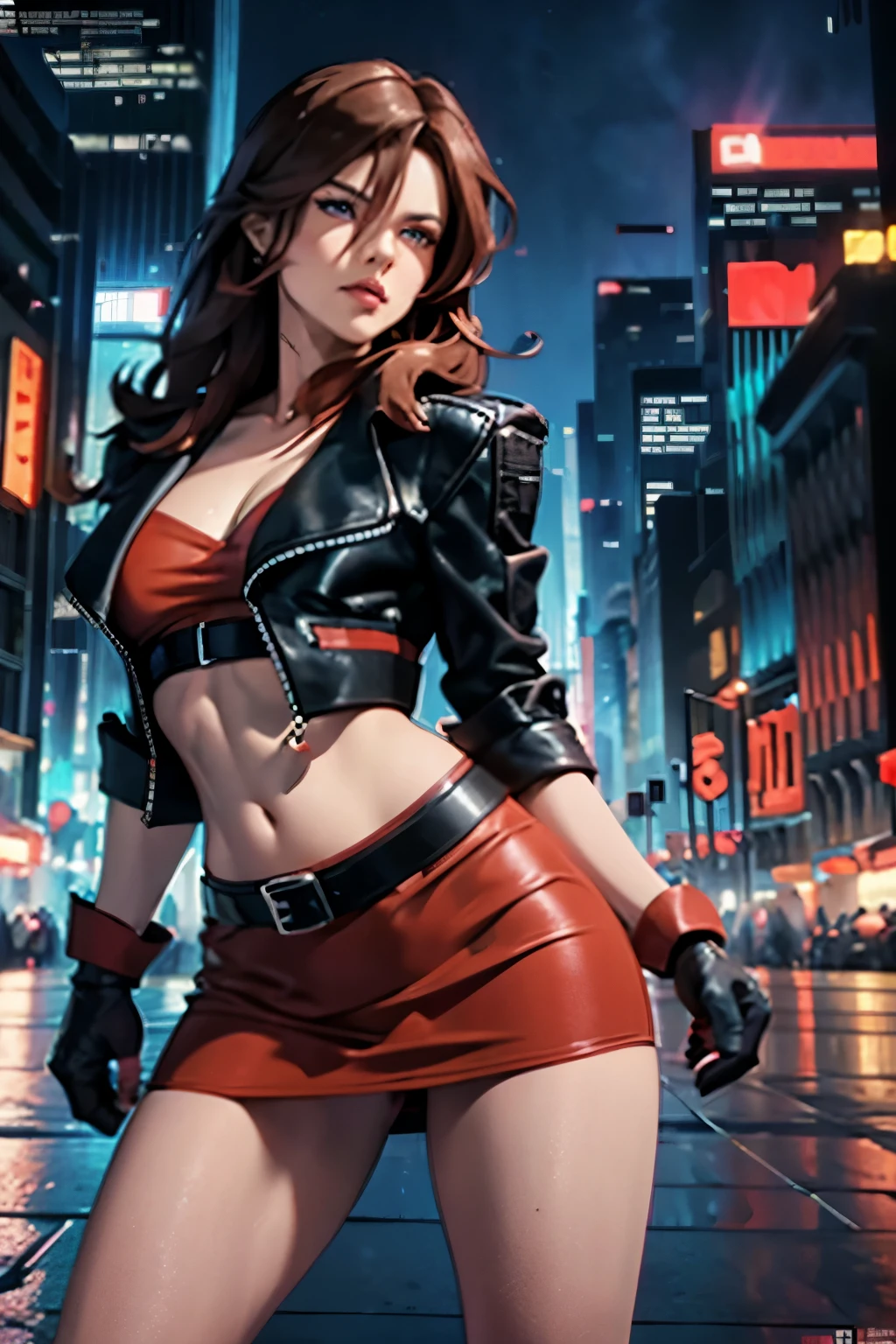 beautiful alluring female brawler, red mini skirt, red top, black leather jacket, black leather belt, long lush brown hair, blue eyes, at a city alley at night, comic Theme, Fiverr Dnd Character, Octane Render, Digital Art, Extreme Detail, 4k, Ultra Hd, Polished, Beautiful, Hyperdetailed, Intricate, Elaborate, Meticulous, Photorealistic, Sharp Focus, Wlop, Character Design, Unreal Engine, 3d Rendered, Volumetric Lighting, Reflections, Glossy, Digital Illustration, Sensual Pose, Suggestive Pose, Lewd, Full Body Shot, anatomically correct, 💖❤💕💋❣