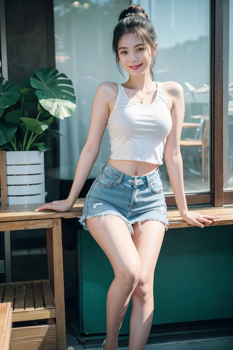 (8K、Raw photography、Your face is illuminated by lights、top-quality、outside of house、Shunguang、Bright lighting front gym sitting、​masterpiece:1.2)、(realisitic、Photorealsitic:1.37)、Ultra mini skirt、a girl beautiful, in Viet Nam, Open your legs to the left and right、Open your legs wide from side to side、Short clothing、White shorts、skirt by the、ultra-detailliert、Full body posture、Beautiful constriction、Leather Green Tank Top、Sleeveless、large boob、large udder、A high resolutio, Denim skirt、Low-rise miniskirt、Beautiful navel、beautiful thigh、Beautiful bust、flaxen ponytail、Short clothing、see the beholder、beautifull detailed face、A smile、Constriction、(Slim waist) :1.3)、The shirt、Beautiful detailed skin、Skin Texture、floated hair、profetional lighting、
