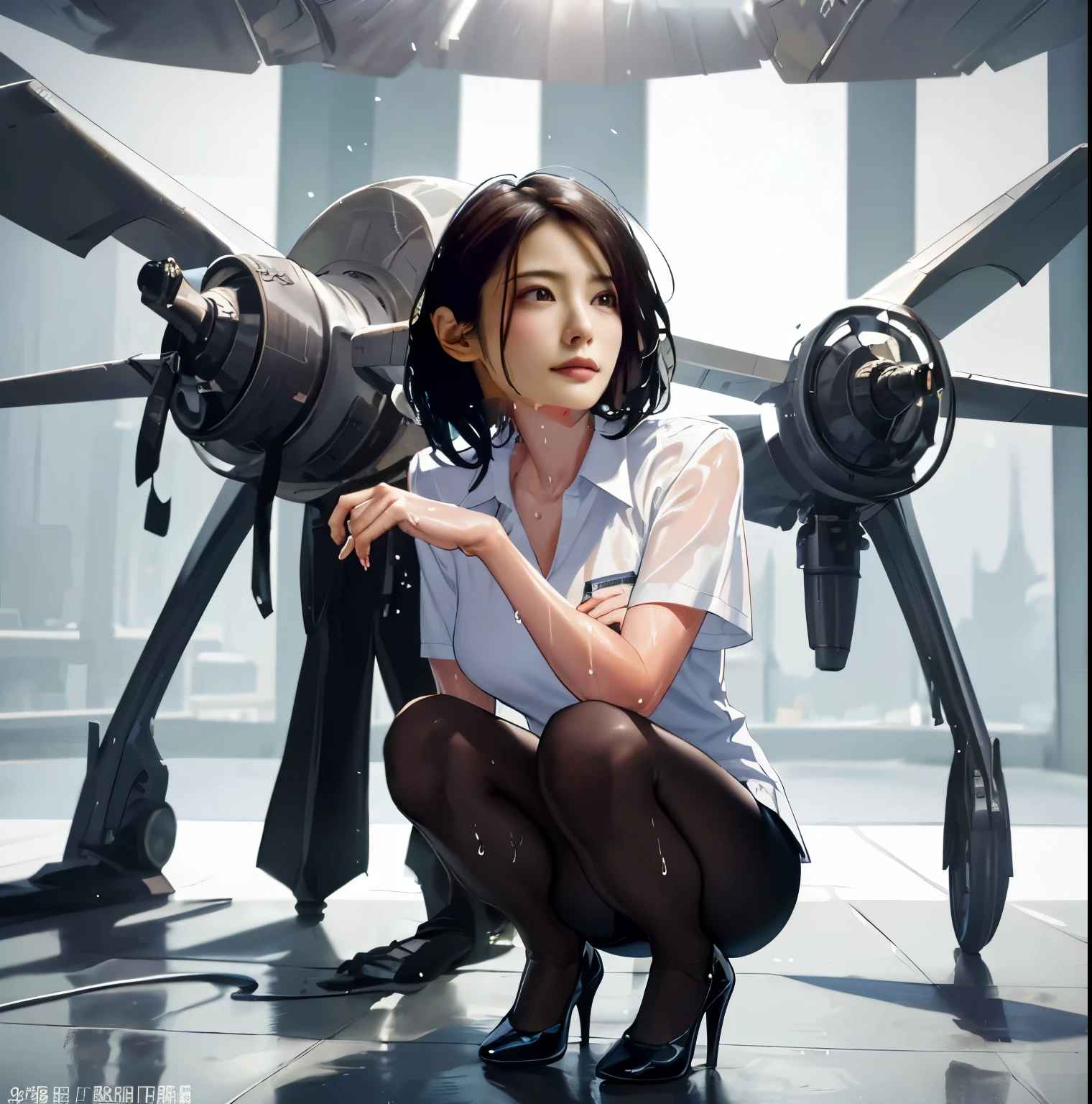 1 cabin attendant, solo, , white high heels, white transparent skinny shirt, white mini skirt, master piece, best quality, Realistic, super detailed, (shiny skin, sweaty:1.4), absurd, looking at the viewer, with short black hair, with brown eyes,thin,dynamic light and shadow,High resolution,sharp focus,Depth of the bounds written,eyes are delicate,sharp pupils,Realisticな生徒,(round chest),(long legs:1.4),plane,squatting pose,black pantyhose,cleanliness,KK,black stockings,cropped shoulder,toes,