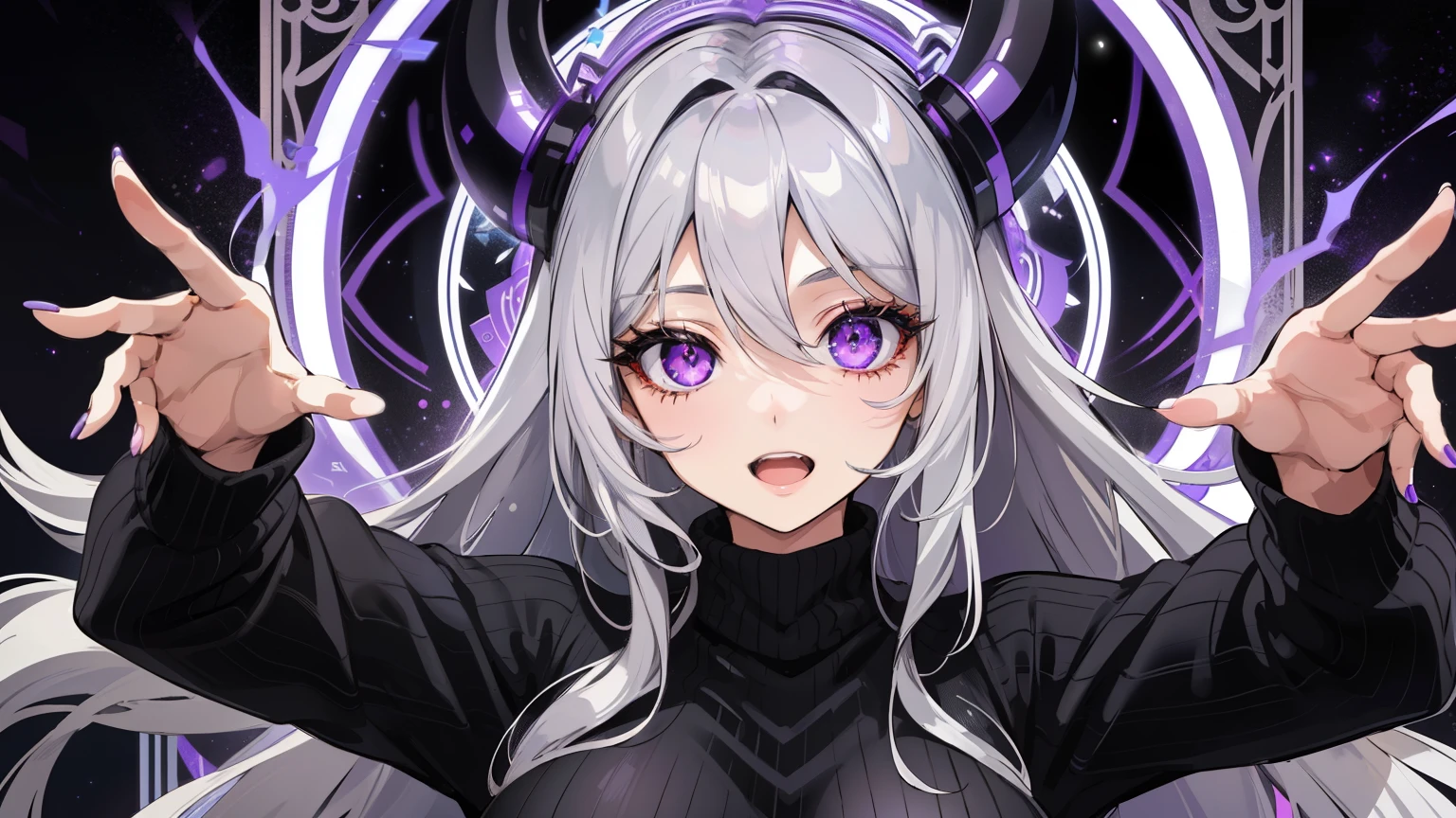 (1 female, long gray hair, big breasts,black sweater,purple eyes, shine, shine eyes, extra eyes, horror \(theme\), Happy) (Digital) (vortex,Mottled pattern,multiple eyes,tarot cards), highest quality, insane