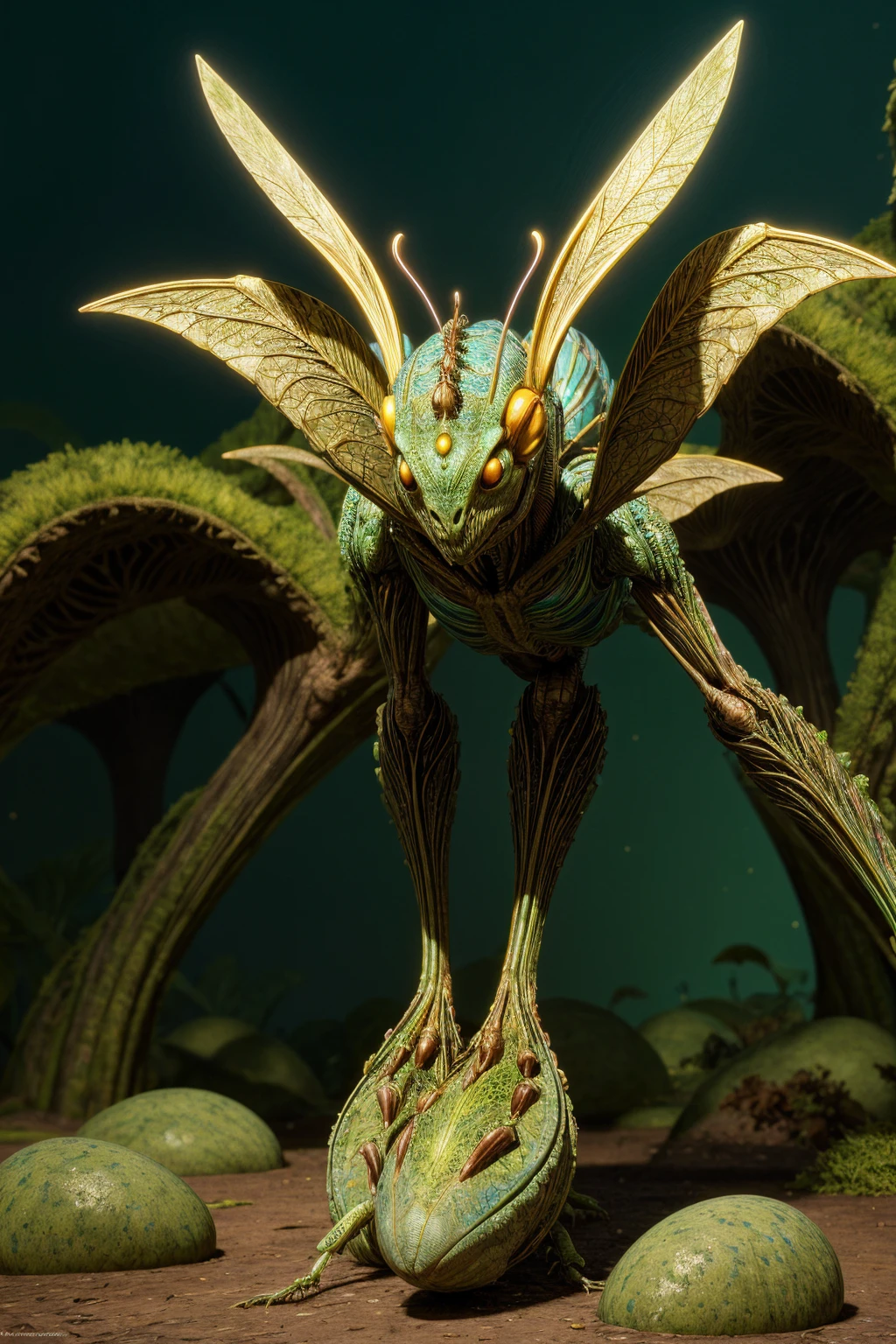best quality, masterpiece, ultra high res, (photo realistic:1.4), arafed woman, standing, a blue butterfly with a yellow crown on its head, wayne barlowe concept art, insectoid, by Dugald Sutherland MacColl, inspired by Philippe Druillet, by Philippe Druillet, luminescence，highly detailed, she has iridescent membranes, by Roger Dean, mystical insects, wayne barlowe detailed there is a blue egg sitting on a green plant with a blue egg, alien plant from alpha centauri, alien plant, alien flora and fauna, mandelbulb 3d, mandelbulb 3 d, 3d mandelbulb, alien flora, mandelbulb, mandelbulb architecture, style of jim burns, synthetic maw, vegetal dragon cyborg, a hyper-detailed alien
