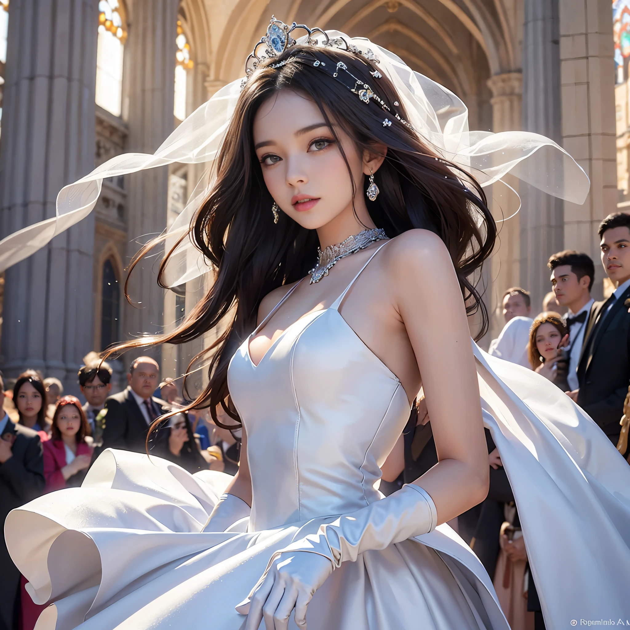 best quality, masterpiece, There's only one woman, yak, cute , shiny lips, sweet, sun glare, Conservative attire, Beaded bell-line wedding dress, white gloves, bridal tiara, depth of field, blurred background, Cathedral Background, light particles, strong wind, head tilt, long hair,
