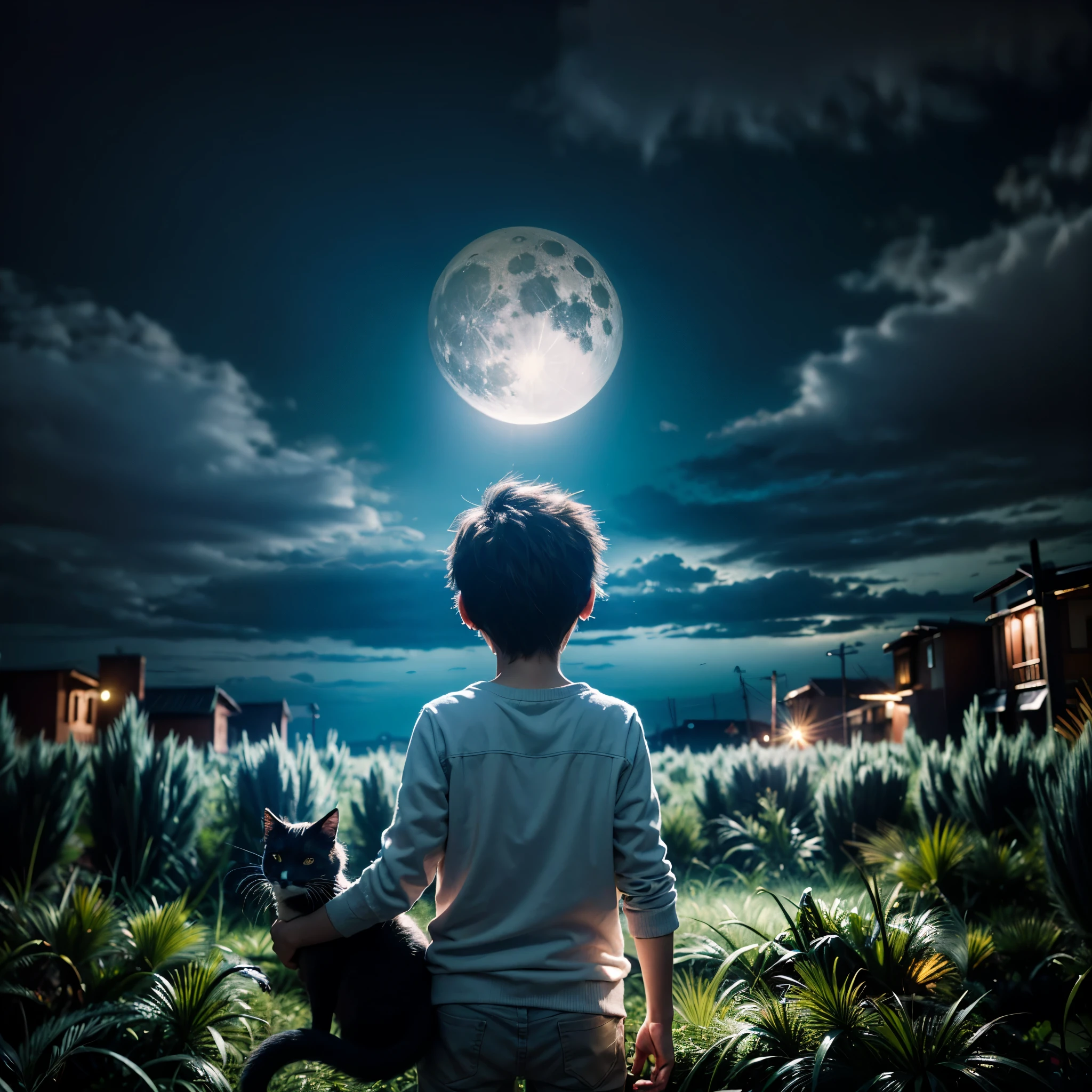 (8k, top quality, masterpiece: 1.2), (realistic, photography: 1.37), super detail, Full moon sky, night sky, Boy looking up at the sky, hold a cat, Intricate details, Soft lighting, Vibrant colors, Peaceful atmosphere, Tranquil Mood, serene environment, The harmony between nature and human existence, cinematic grading, Incomplete details, Shot with Leica, analogue, 35 mm:: (Artistic light leakage:1.4), Lens Flare::4 - Style Raw