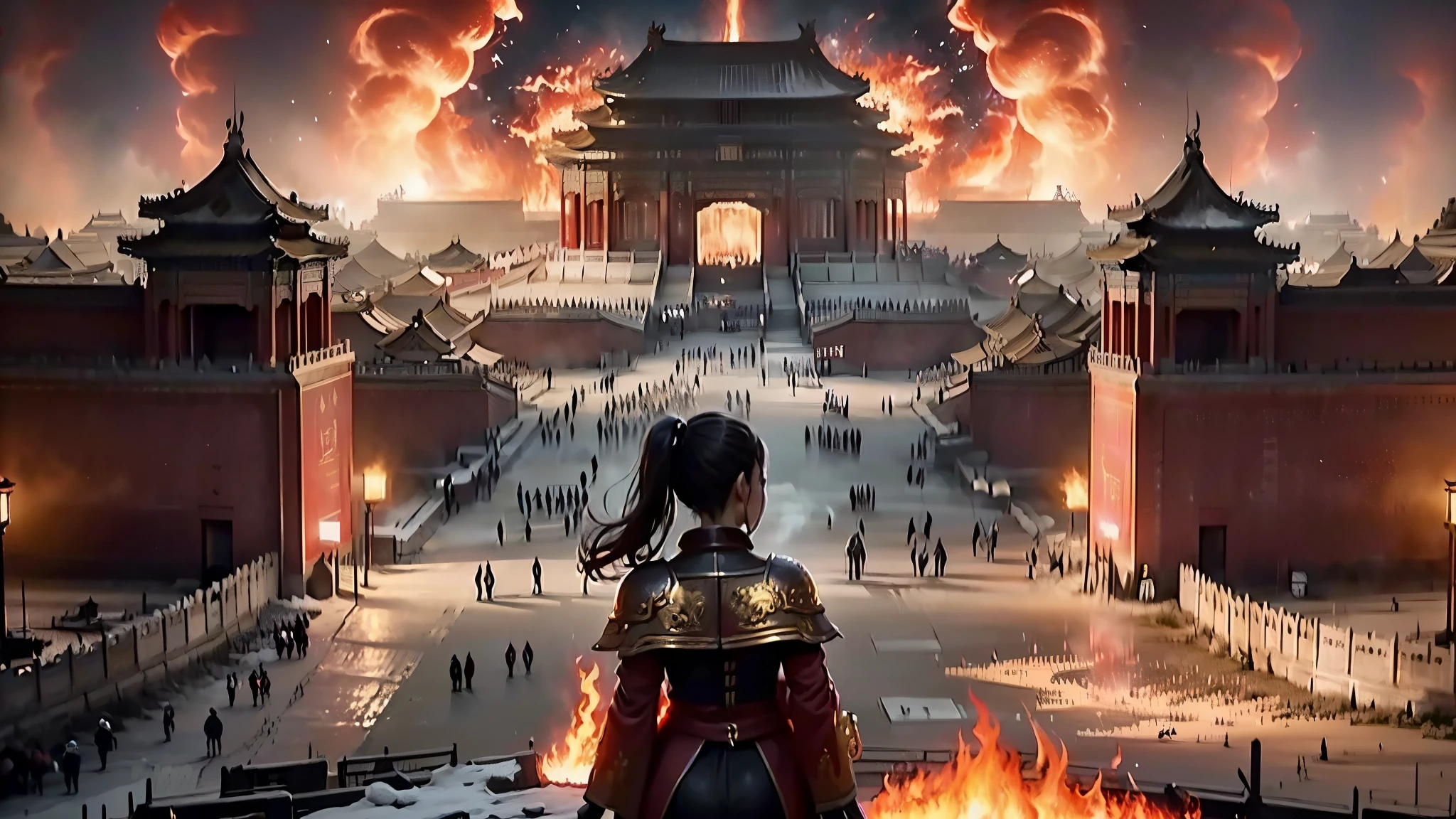 Shoot from behind,((Character centered,a girl,unique,night,girl in flames,full body xian xia,The girl wears a high ponytail、Hand holding red flag,((epic work,Ancient battlefield of China,bodies everywhere,Rich scene details,Smoke was everywhere,Beacon fire,In the distance is the tall city gate,The city gate was set on fire,Flames dye the sky red,)),((8K, Super details, UHD, masterpiece, Super details, high detail, high quality, Award-winning, best quality, high resolution, 1080P, HD, 4K, 8K, precise))