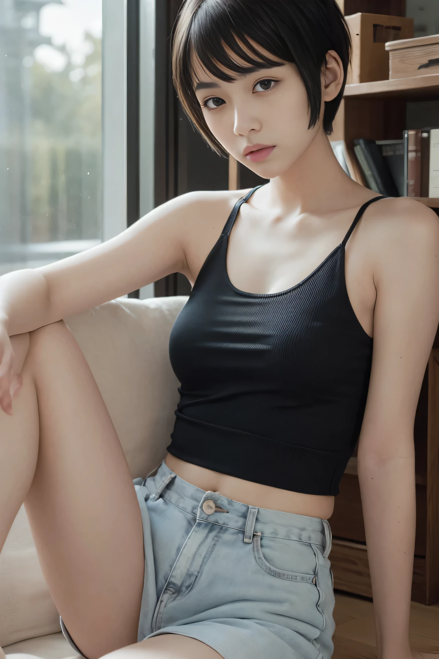 (highest quality, High resolution, Super detailed:1.2), (realistic, photorealistic, photo-realistic:1.37), (thin:1.2), small breasts, woman, Japanese,((black pixie cut:1.3)), (dull bangs), Immerse yourself in a world of dark tones, Moody, (skinny:1.1),Add irregular prints and patterns, Highlights of Comme des Garçons(Tank top:1.2),pantheon,sexy pose,night,dark room,Flooring,sit,dim lighting