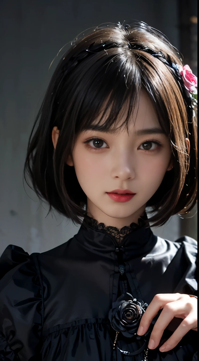 top-quality masterpiece 8K ultra-detailed face One woman wearing colorful Gothic Lolita Full body photo kawaii pose Sexy Pictures Focus on the face Close-range photography profetional lighting Vibrant photo Happy expression Sullen expression Ecstatic look Sex appeal Shiny wet crow hair Gloss Bruises and cuteness Unreality absurderes Heavy bangs Lots of skin tones Cute