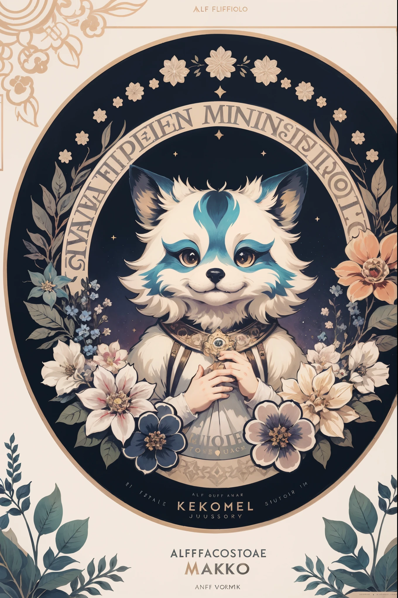 cover page, Perfume poster, kaleidoscope, rzminjourney, vector-art, High-quality illustrations by Alfons Mucha, masterpiece(kemono, furry anthro)logo mark, round, colorful flower,
