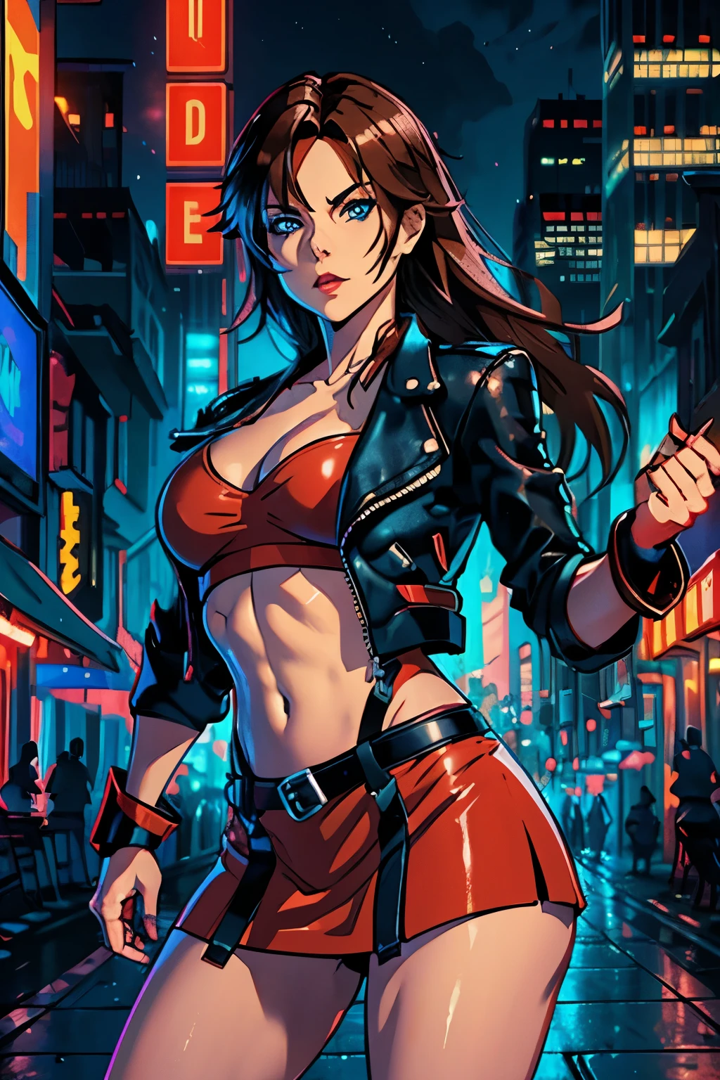 beautiful alluring female brawler, red mini skirt, red top, black leather jacket, black leather belt, long lush brown hair, blue eyes, at a city alley at night, comic Theme, Fiverr Dnd Character, Octane Render, Digital Art, Extreme Detail, 4k, Ultra Hd, Polished, Beautiful, Hyperdetailed, Intricate, Elaborate, Meticulous, Photorealistic, Sharp Focus, Wlop, Character Design, Unreal Engine, 3d Rendered, Volumetric Lighting, Reflections, Glossy, Digital Illustration, Sensual Pose, Suggestive Pose, Lewd, Full Body Shot, anatomically correct, 💖❤💕💋❣